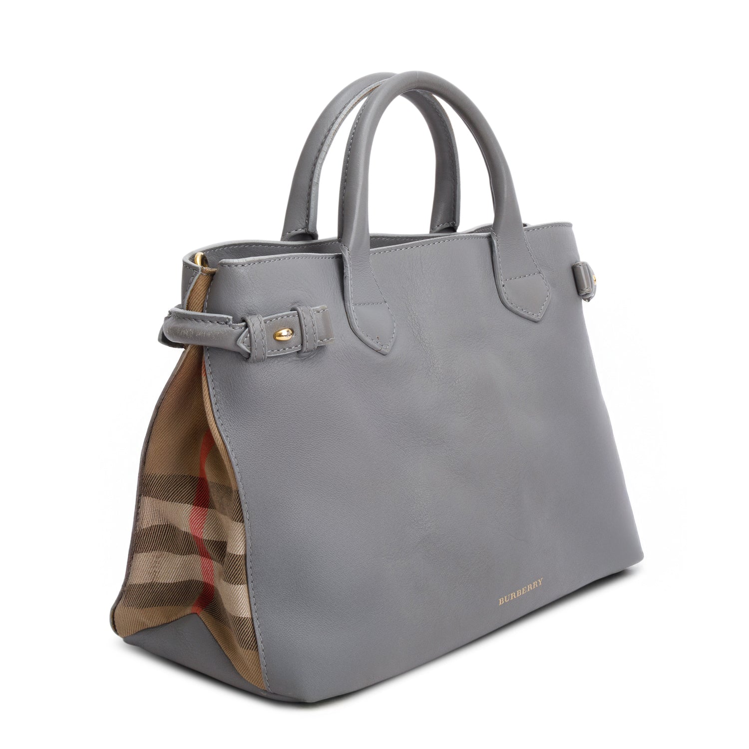 Burberry Grey Calfskin Leather House Check Medium Banner Tote w/ Strap