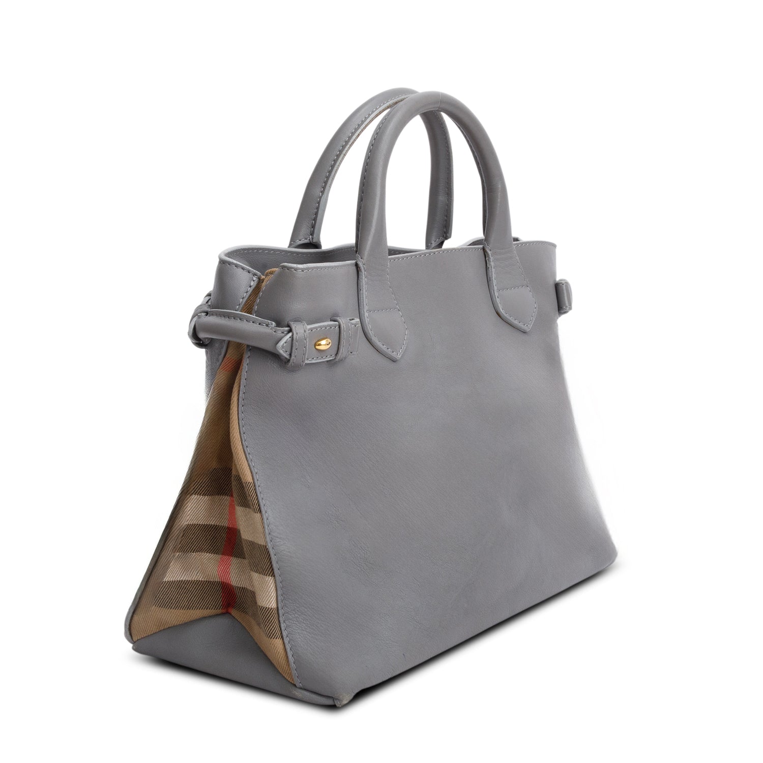 Burberry Grey Calfskin Leather House Check Medium Banner Tote w/ Strap