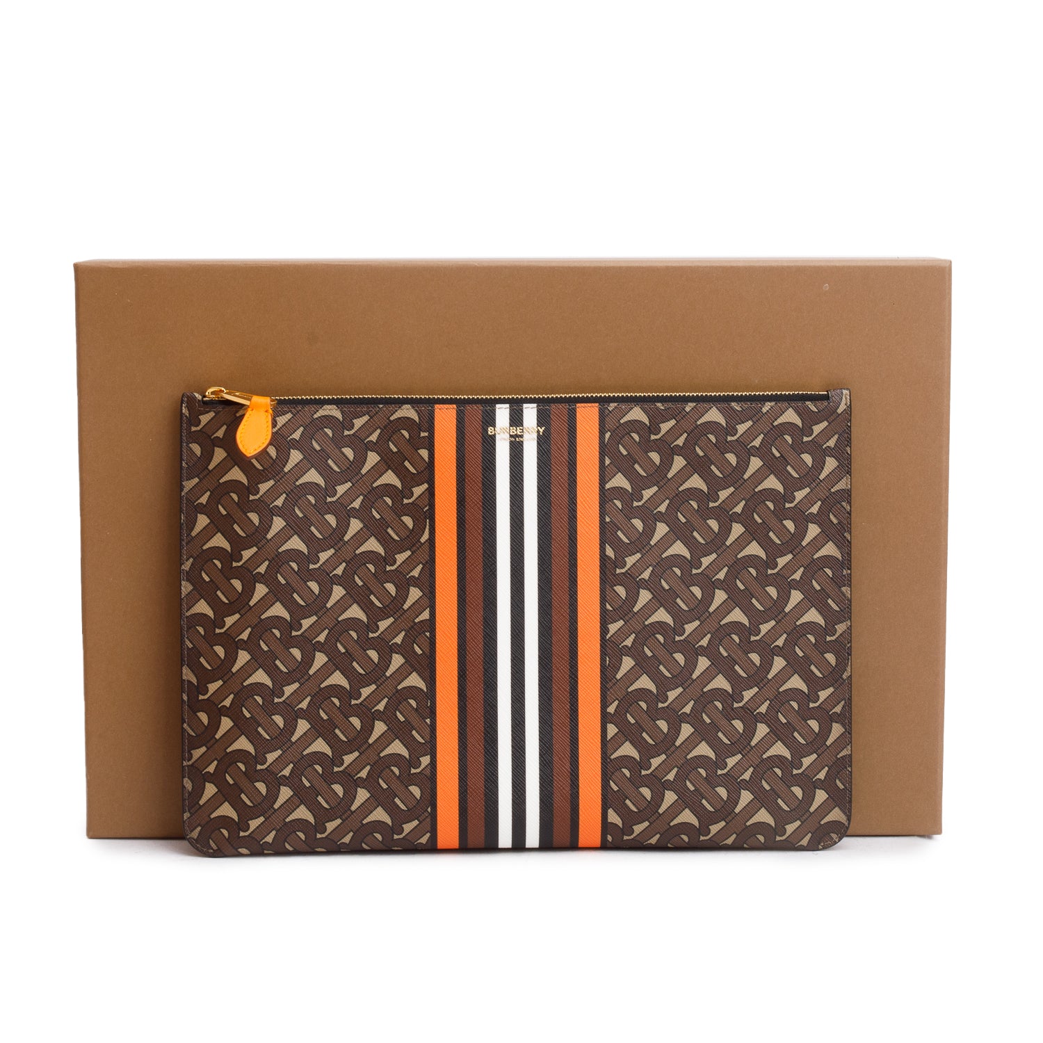 Burberry Brown/Orange Canvas TB Monogram Zip Pouch w/ Box