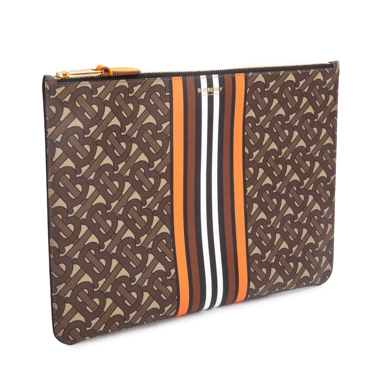 Burberry Brown/Orange Canvas TB Monogram Zip Pouch w/ Box