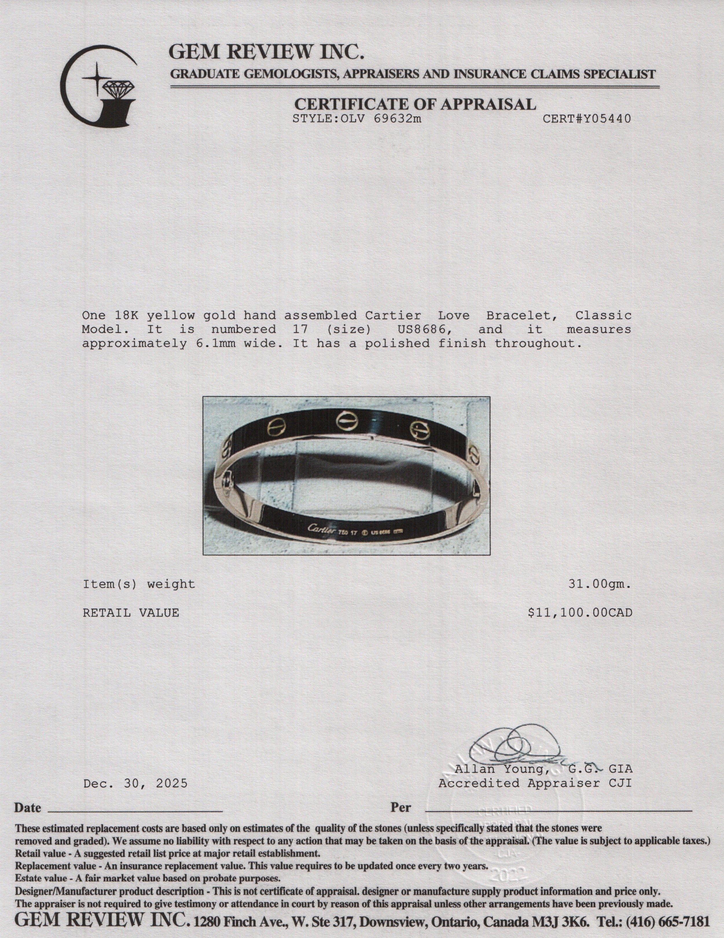 Cartier 18k Yellow Gold Love Bracelet, Classic Model, Size 17 w/ Box & Certificate