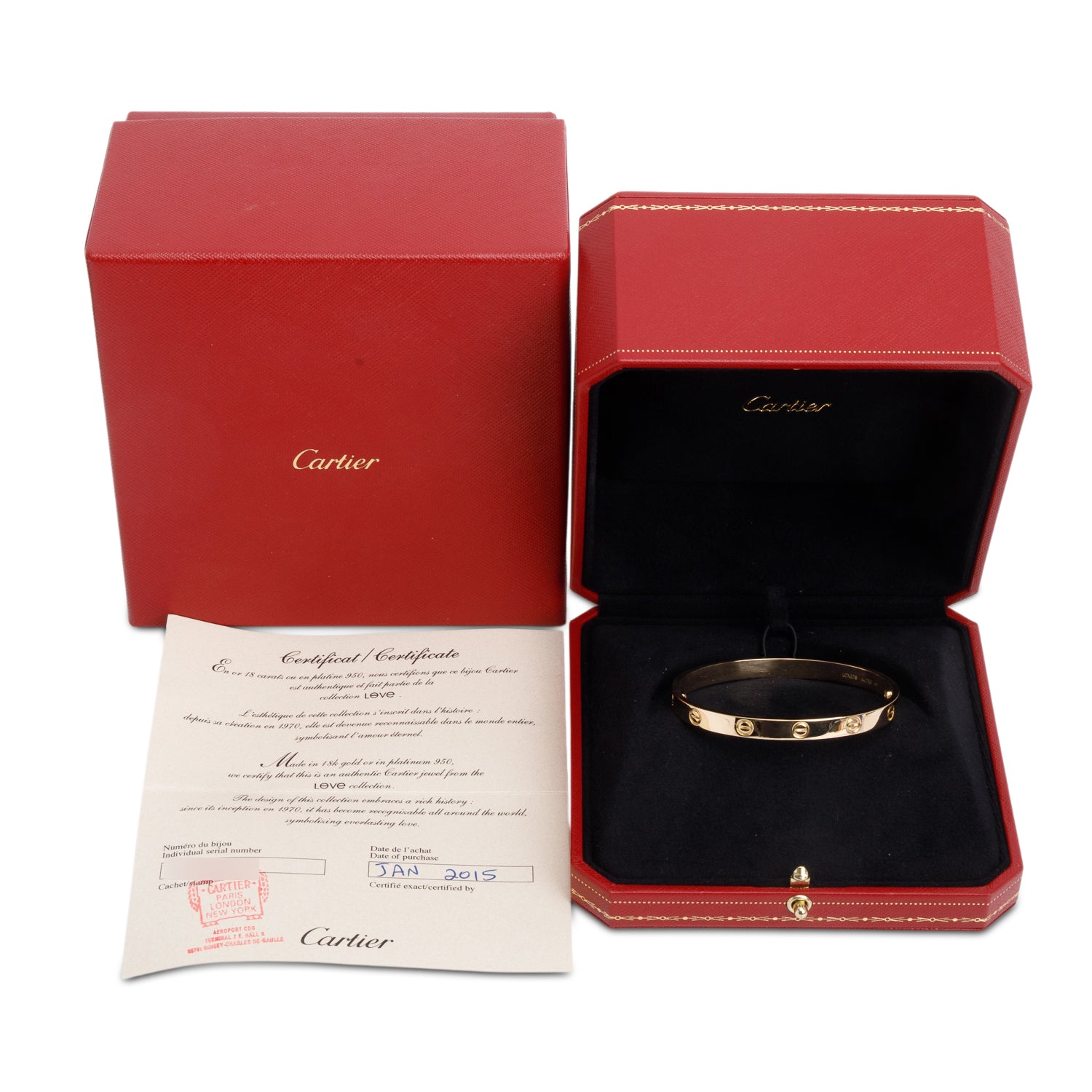 Cartier 18k Yellow Gold Love Bracelet, Classic Model, Size 18 w/ Box & Certificate
