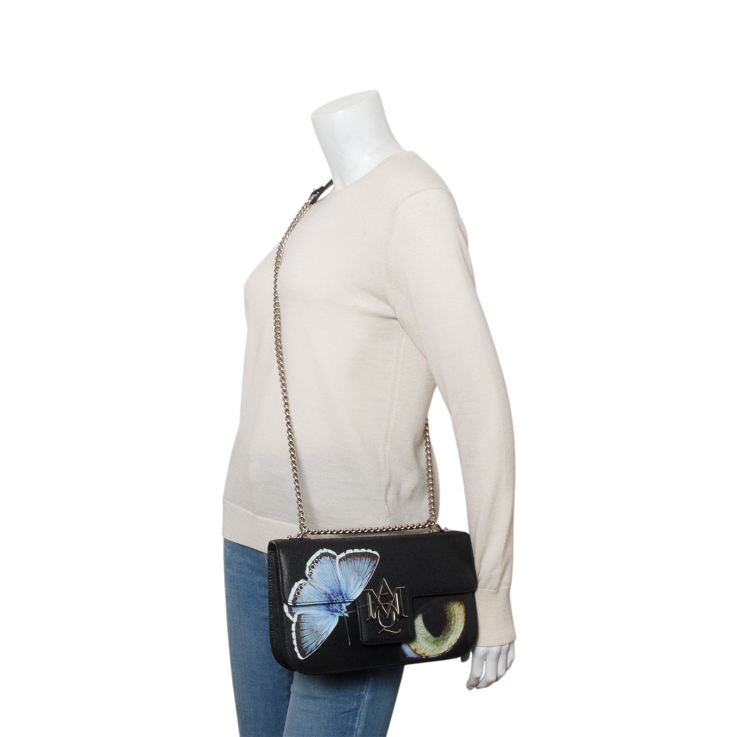 Alexander McQueen Black Printed Calfskin Leather Butterfly Insignia Flap Bag