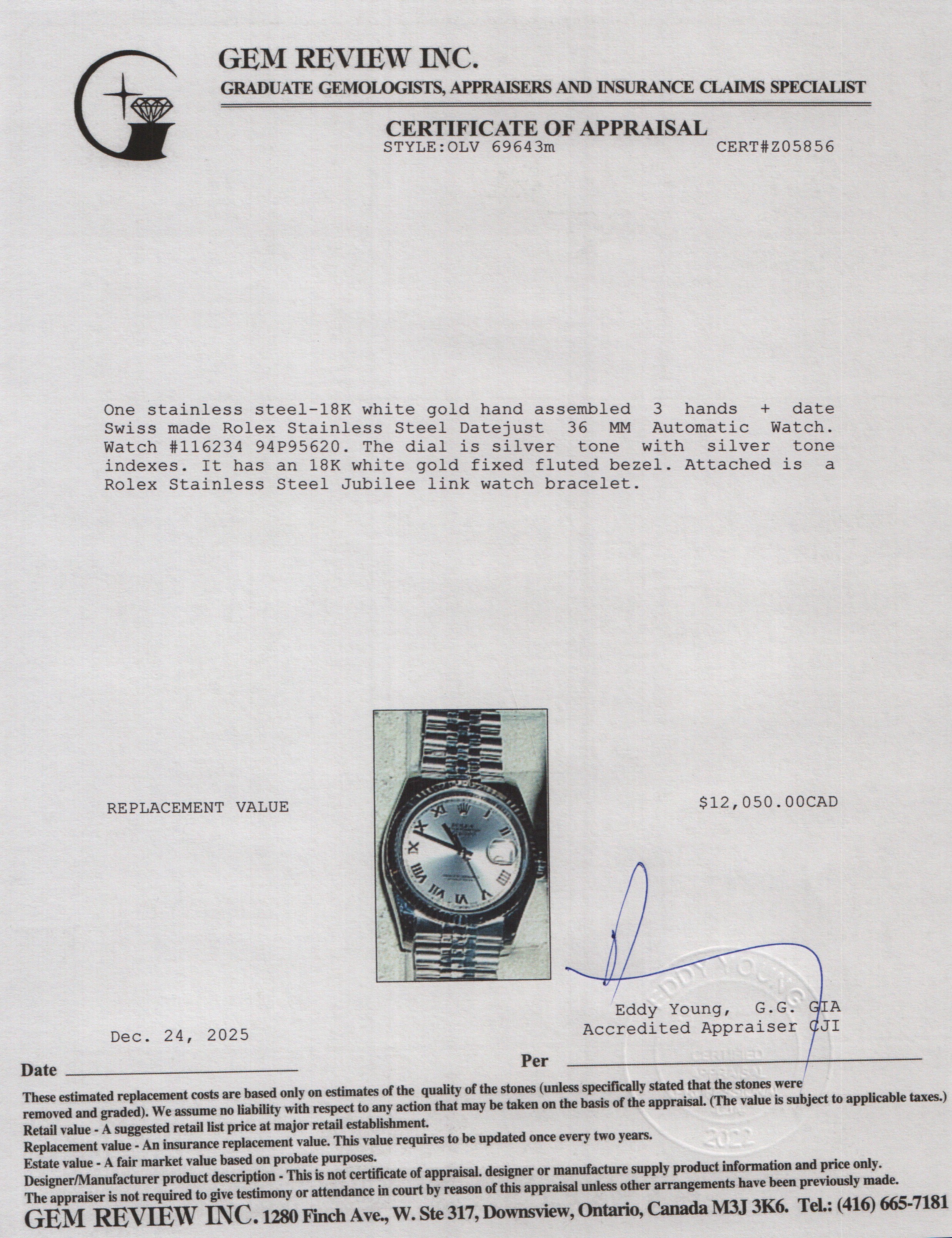 Rolex Stainless Steel Datejust 36 MM Automatic Watch Silver Roman Dial 116234 w/ Box