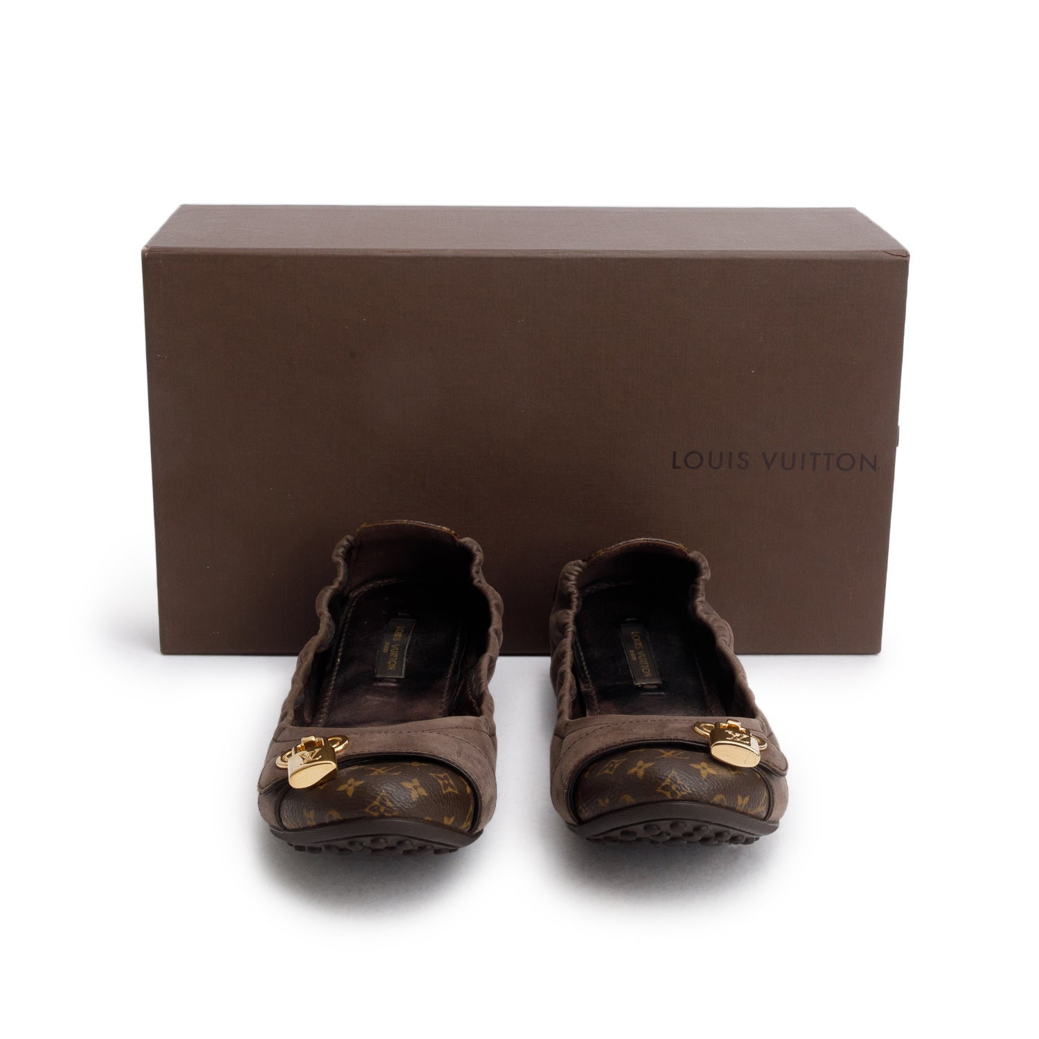 Louis Vuitton Monogram Taupe Suede Flat Ballerina Shoes, Size 38.5 w/ Box