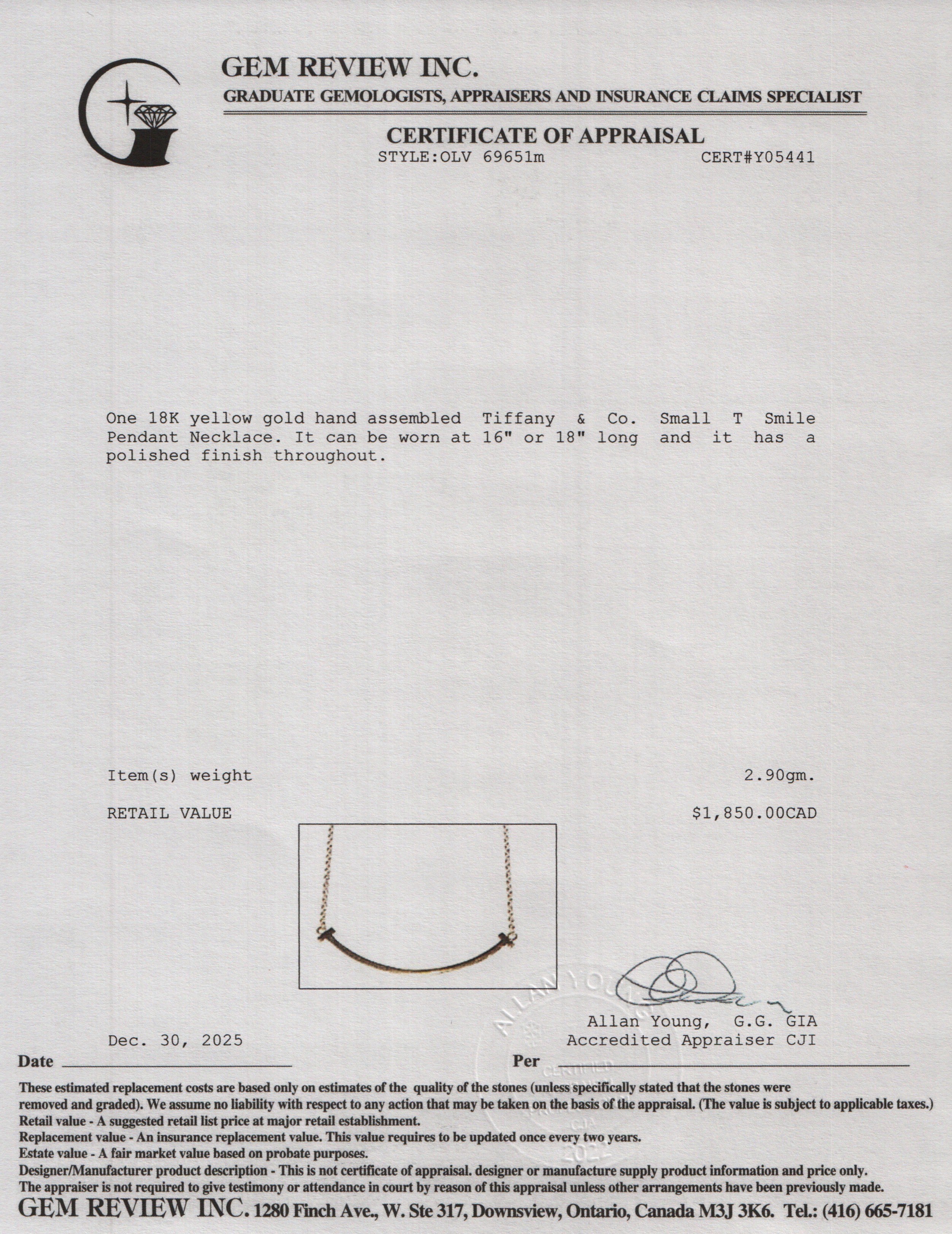 Tiffany & Co. 18k Yellow Gold Small T Smile Pendant Necklace w/ Box