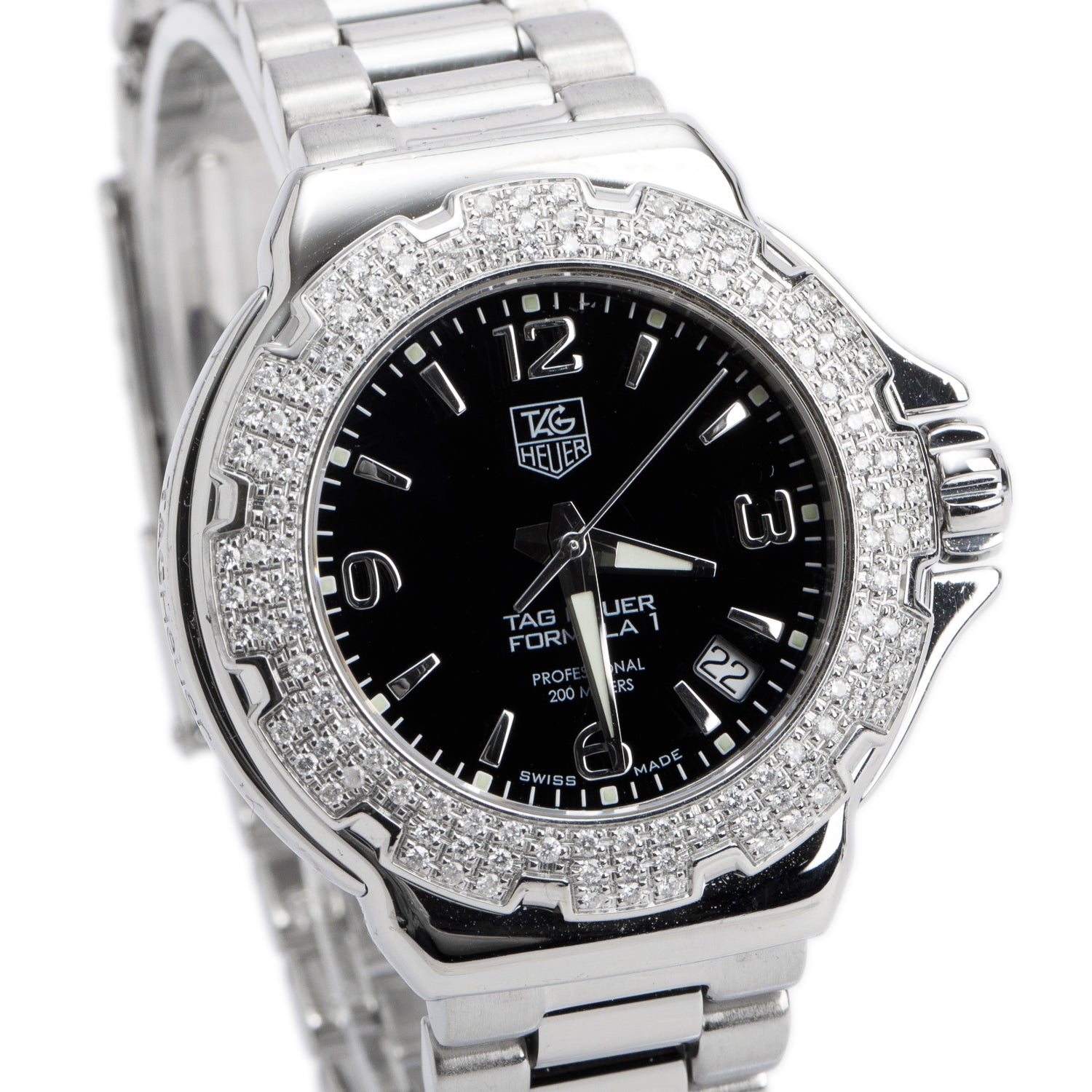 Tag Heuer Stainless Steel Diamond Bezel Formula 1 37 MM Quartz Watch Black Dial WAC1214-0