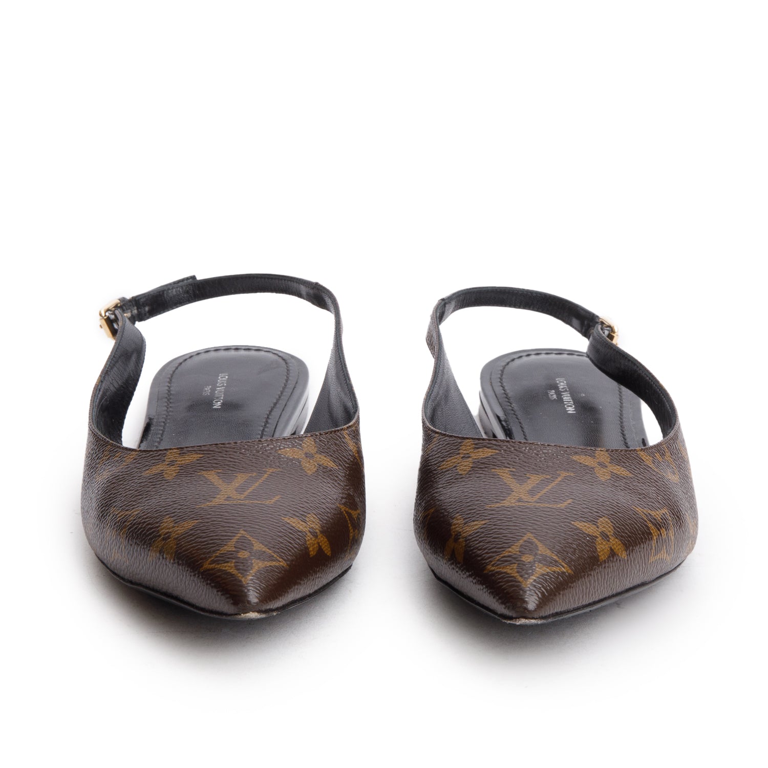 Louis Vuitton Brown Patent Leather Monogram Slingback Flat, Size 40 w/ Box