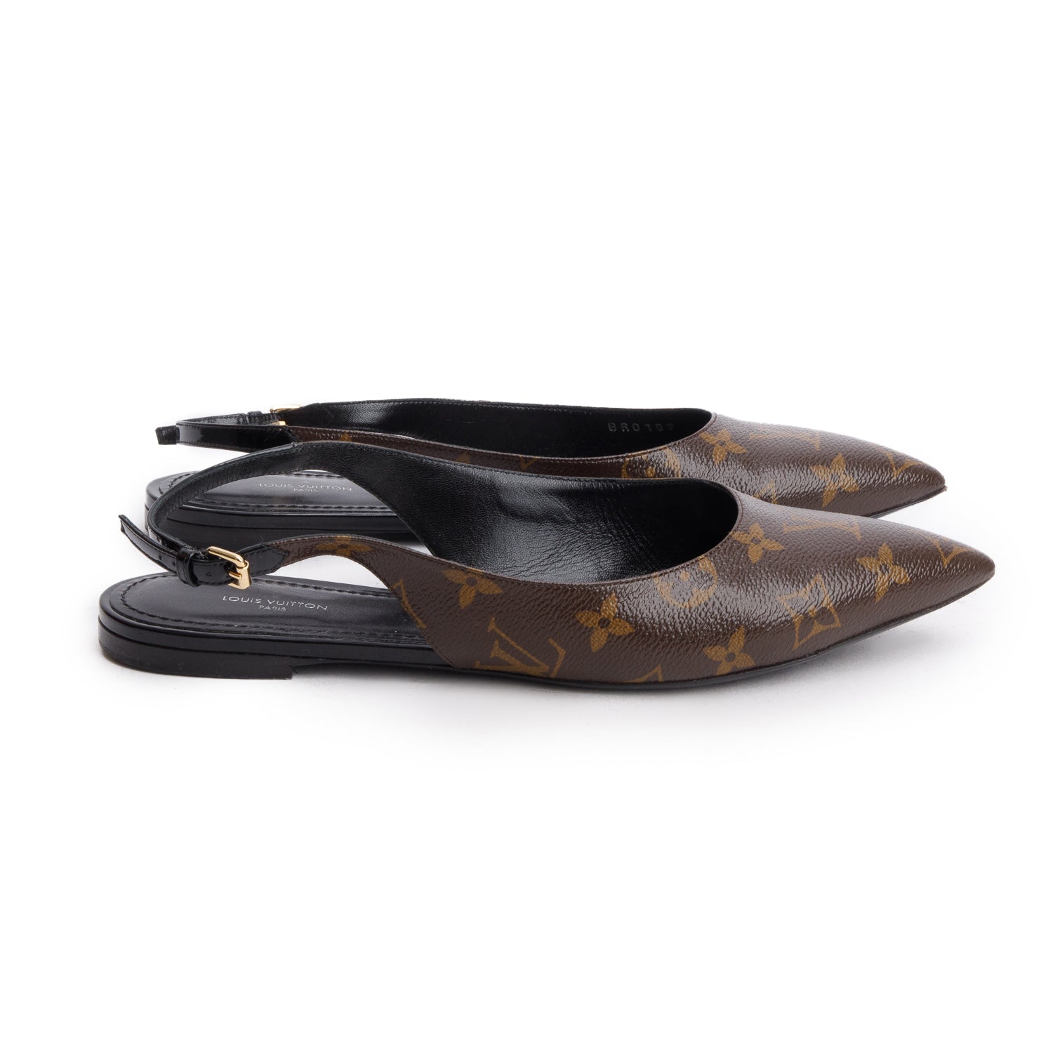 Louis Vuitton Brown Patent Leather Monogram Slingback Flat, Size 40 w/ Box