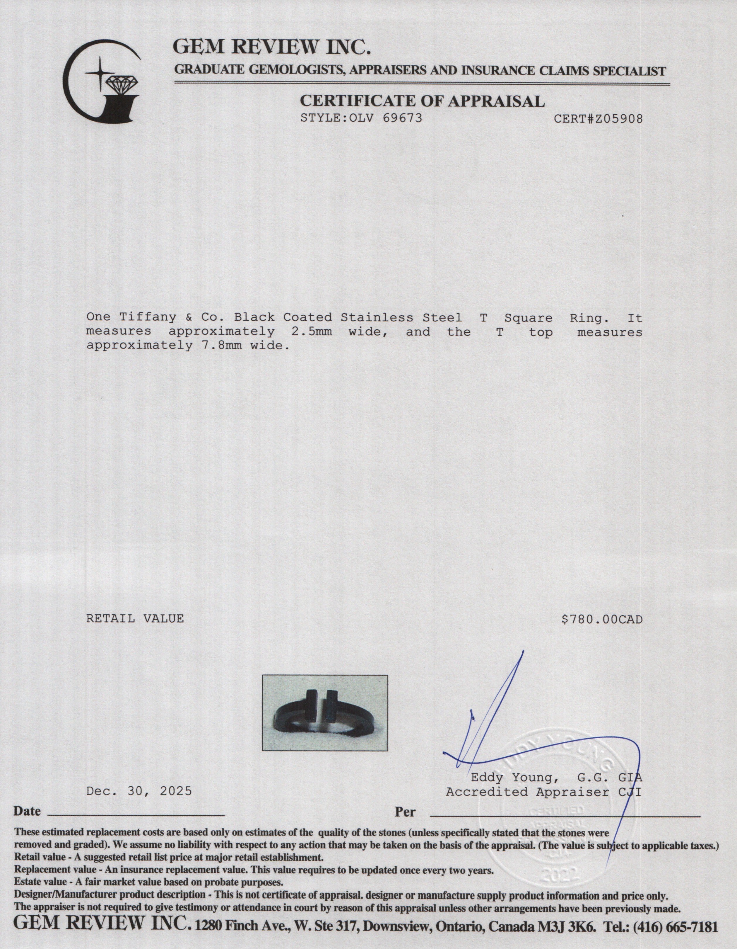 Tiffany & Co. Black Coated Stainless Steel T Square Ring, Size 9.5