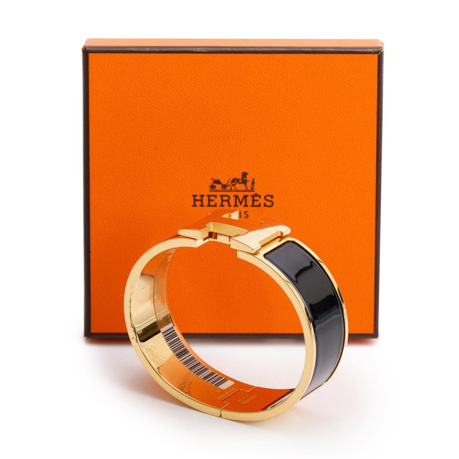 Hermes Gold-Plated Black Enamel Clic Clac H Bracelet w/ Box
