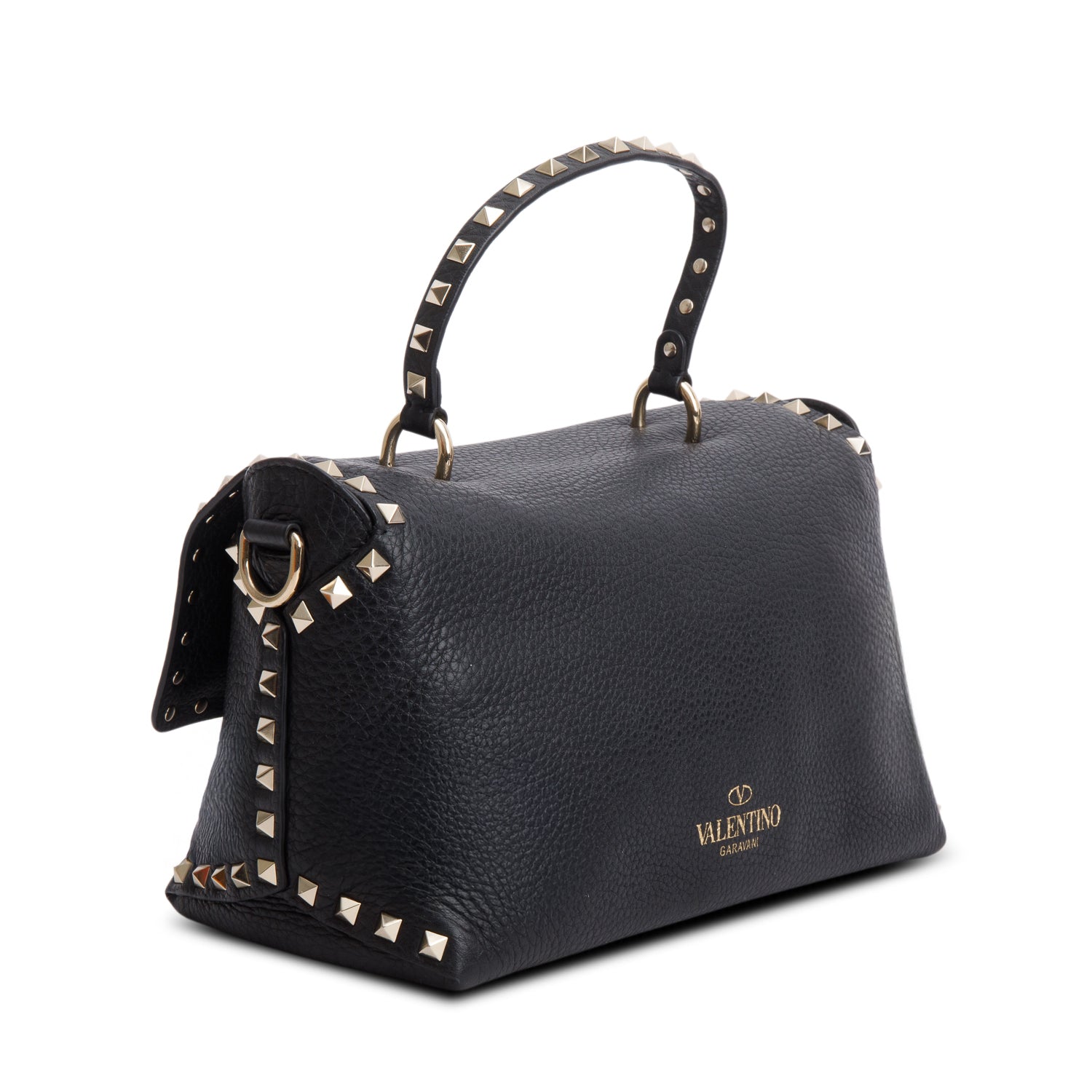 Valentino Black Grained Calfskin Leather Rockstud Top Handle Bag w/ Box