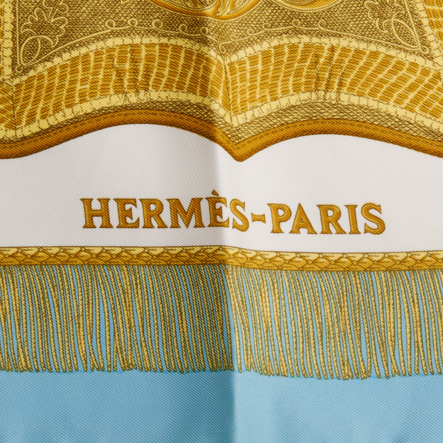 Hermes Blue/Gold 'Poste et Cavalerie' Silk Scarf 90