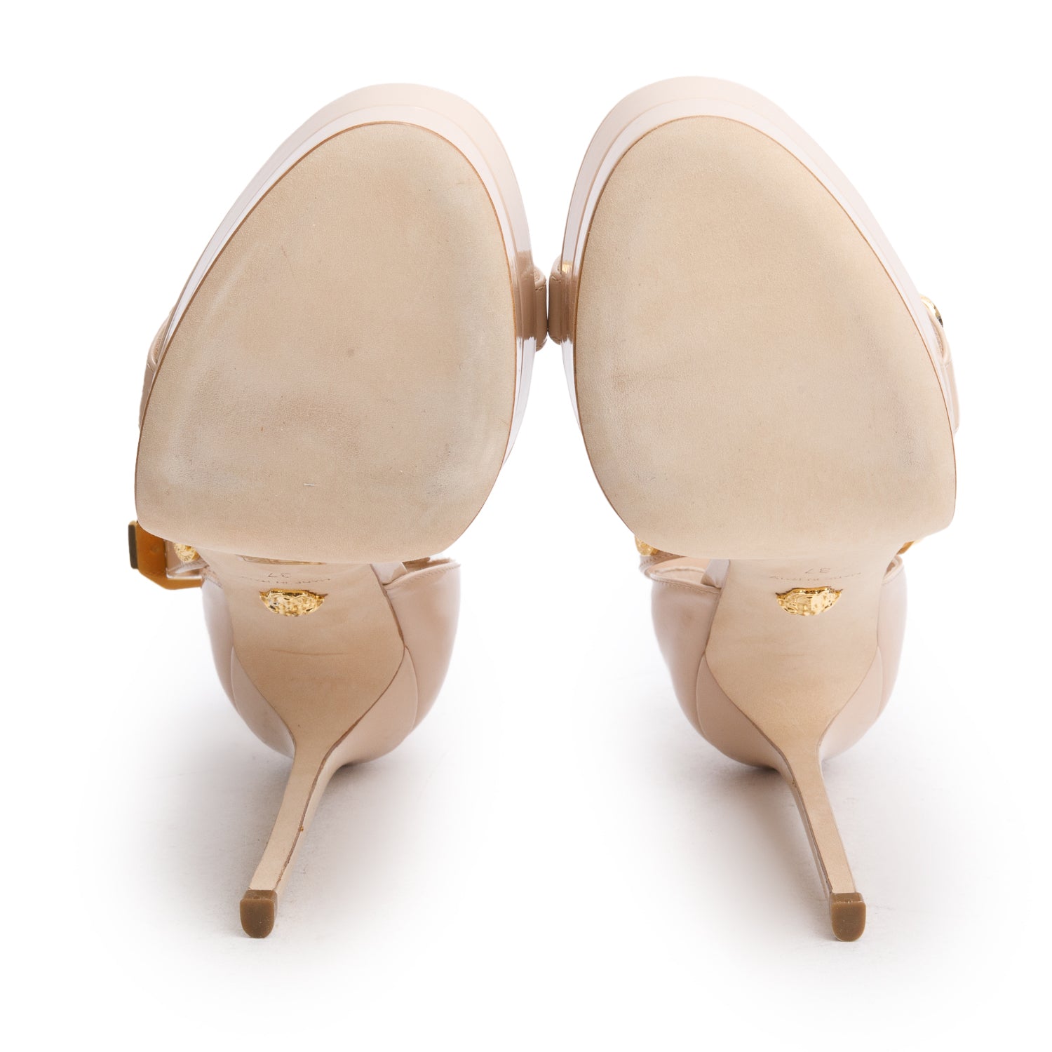 Versace Nude Patent Leather Medusa Insignia Slingback D'Orsay Platform Sandals, Size 37 w/ Box