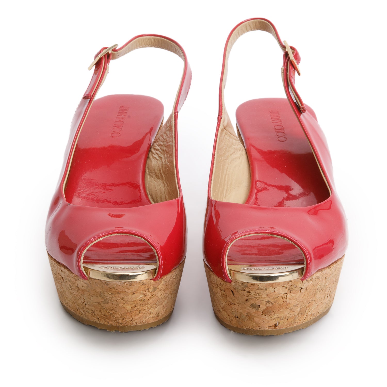 Jimmy Choo Pink Patent Leather Cork Prova Wedge Sandals, Size 38
