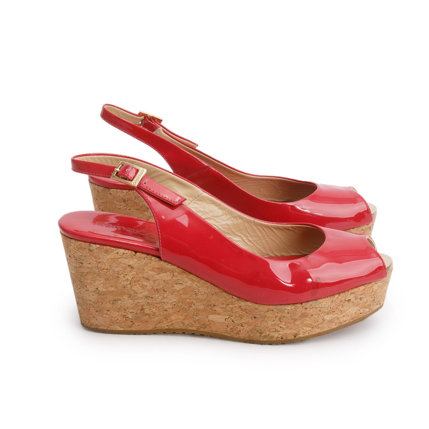 Jimmy Choo Pink Patent Leather Cork Prova Wedge Sandals, Size 38