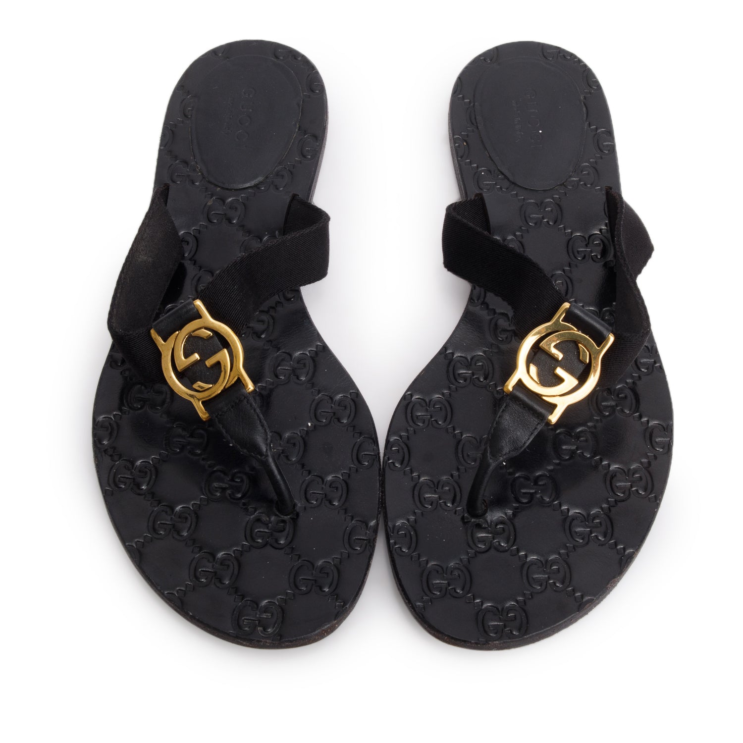 Gucci Black Nylon Calfskin Guccissima GG Thong Sandals, Size 38.5