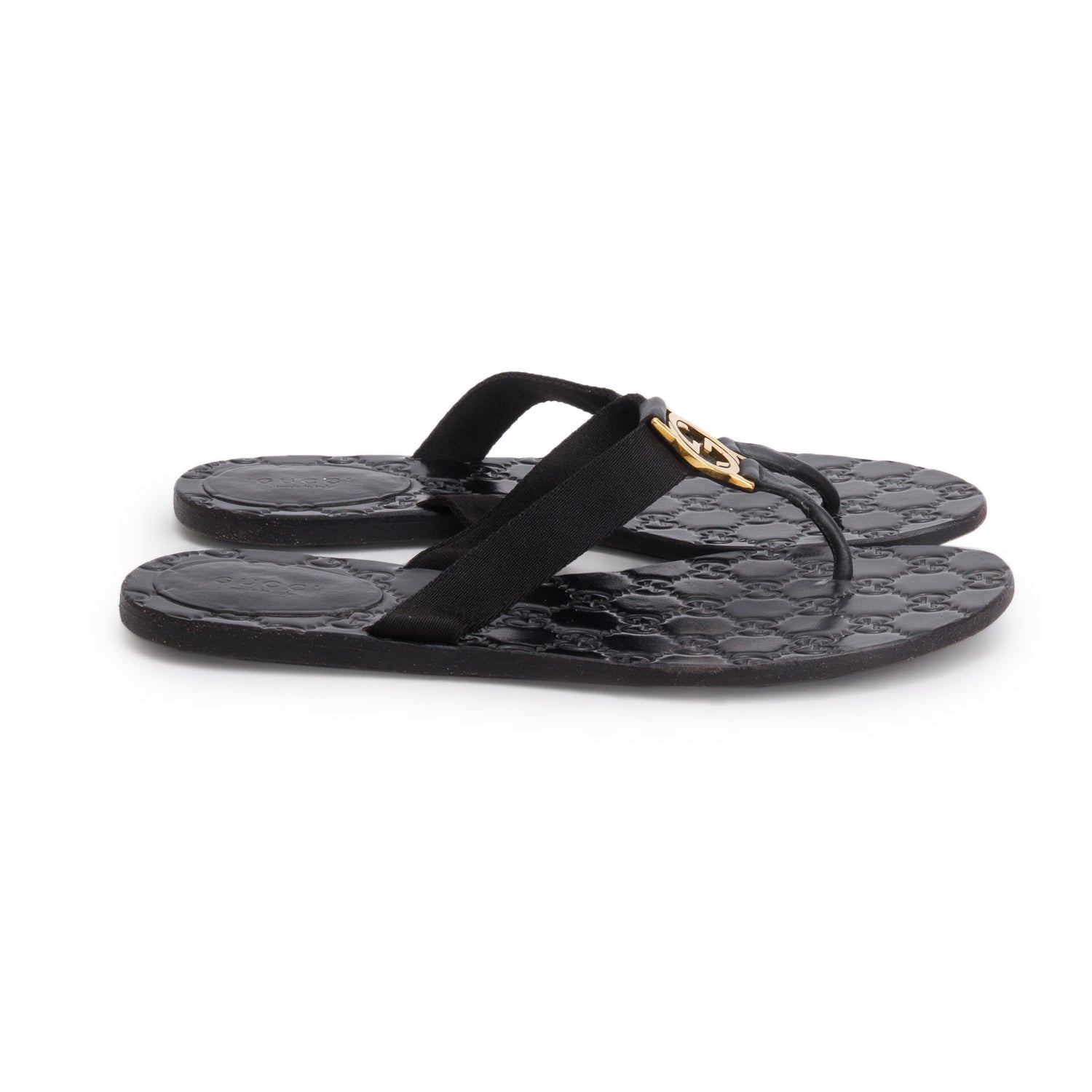 Gucci Black Nylon Calfskin Guccissima GG Thong Sandals, Size 38.5