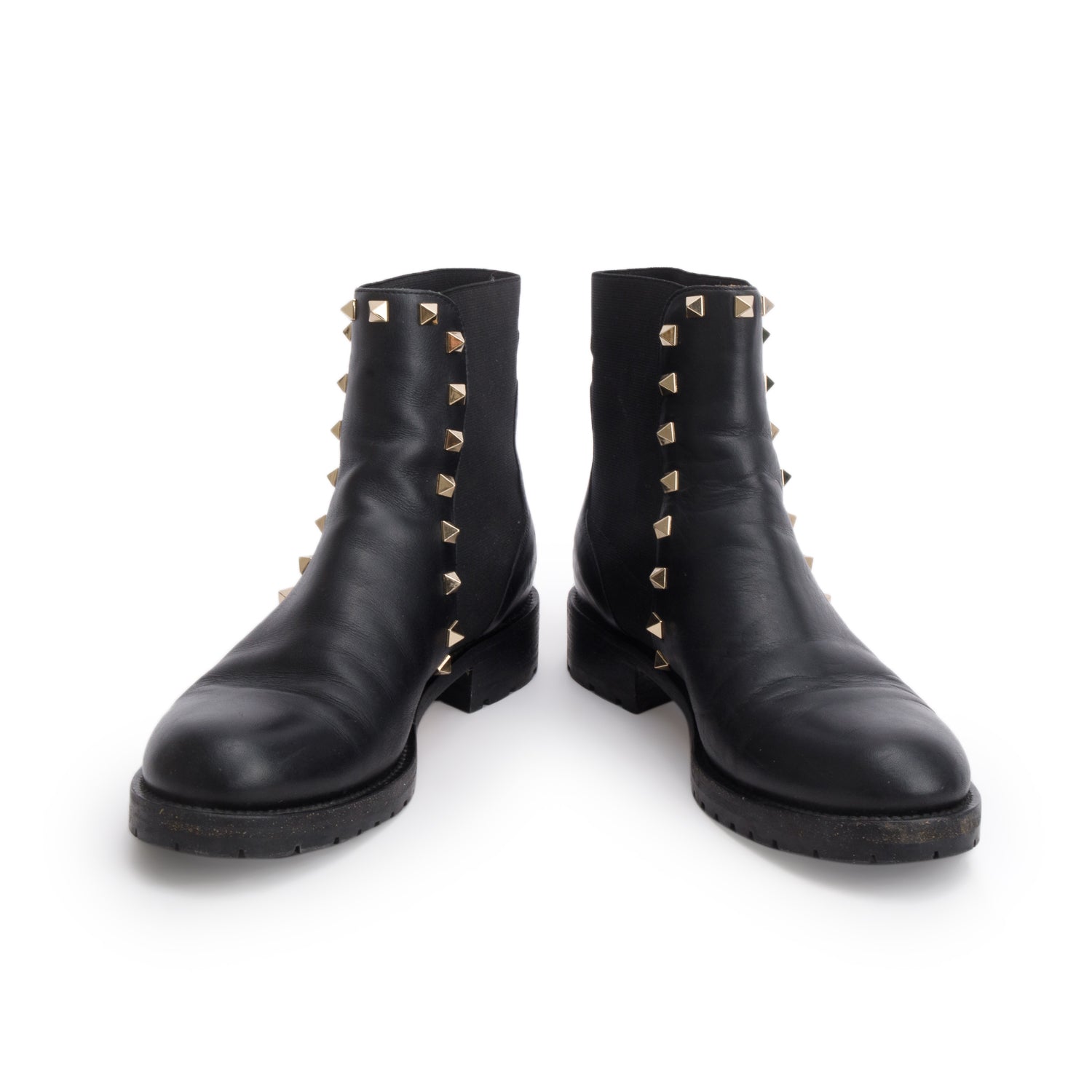 Valentino Black Calfskin Rockstud Beatle Chelsea Ankle Boots, Size 37.5