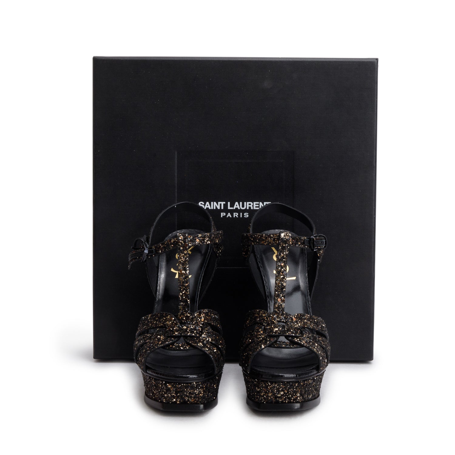 Saint Laurent Black Sequin Tribute Platform Sandals, Size 37 w/ Box