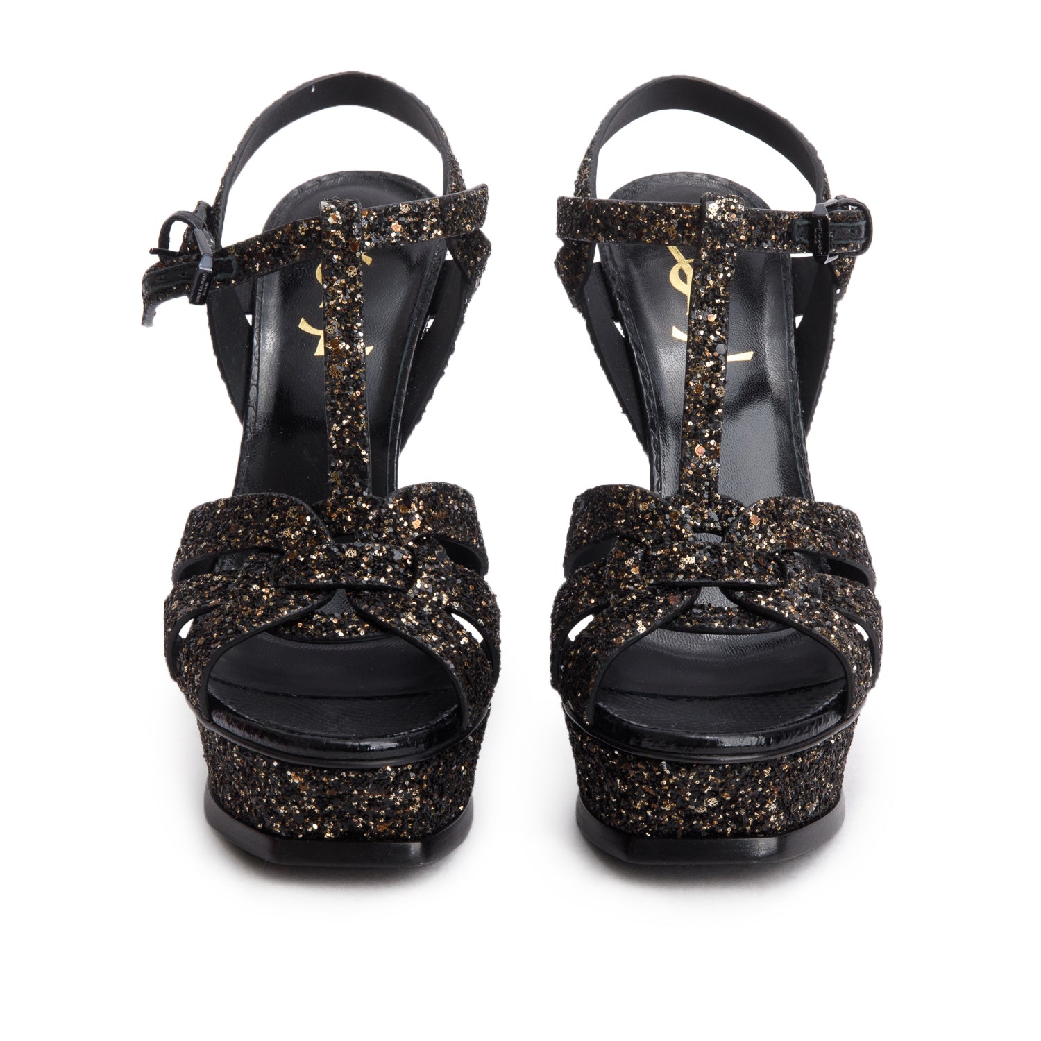 Saint Laurent Black Sequin Tribute Platform Sandals, Size 37 w/ Box