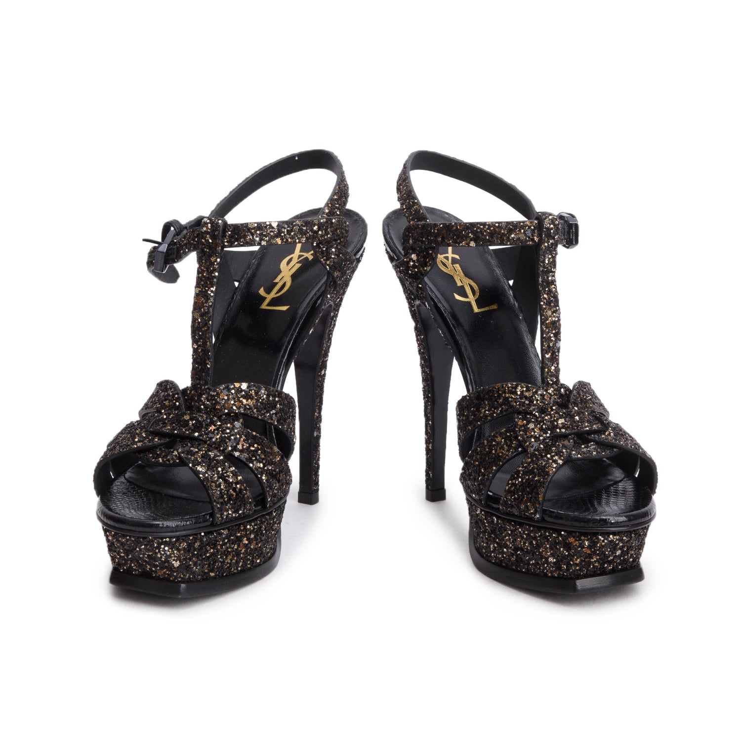 Saint Laurent Black Sequin Tribute Platform Sandals, Size 37 w/ Box