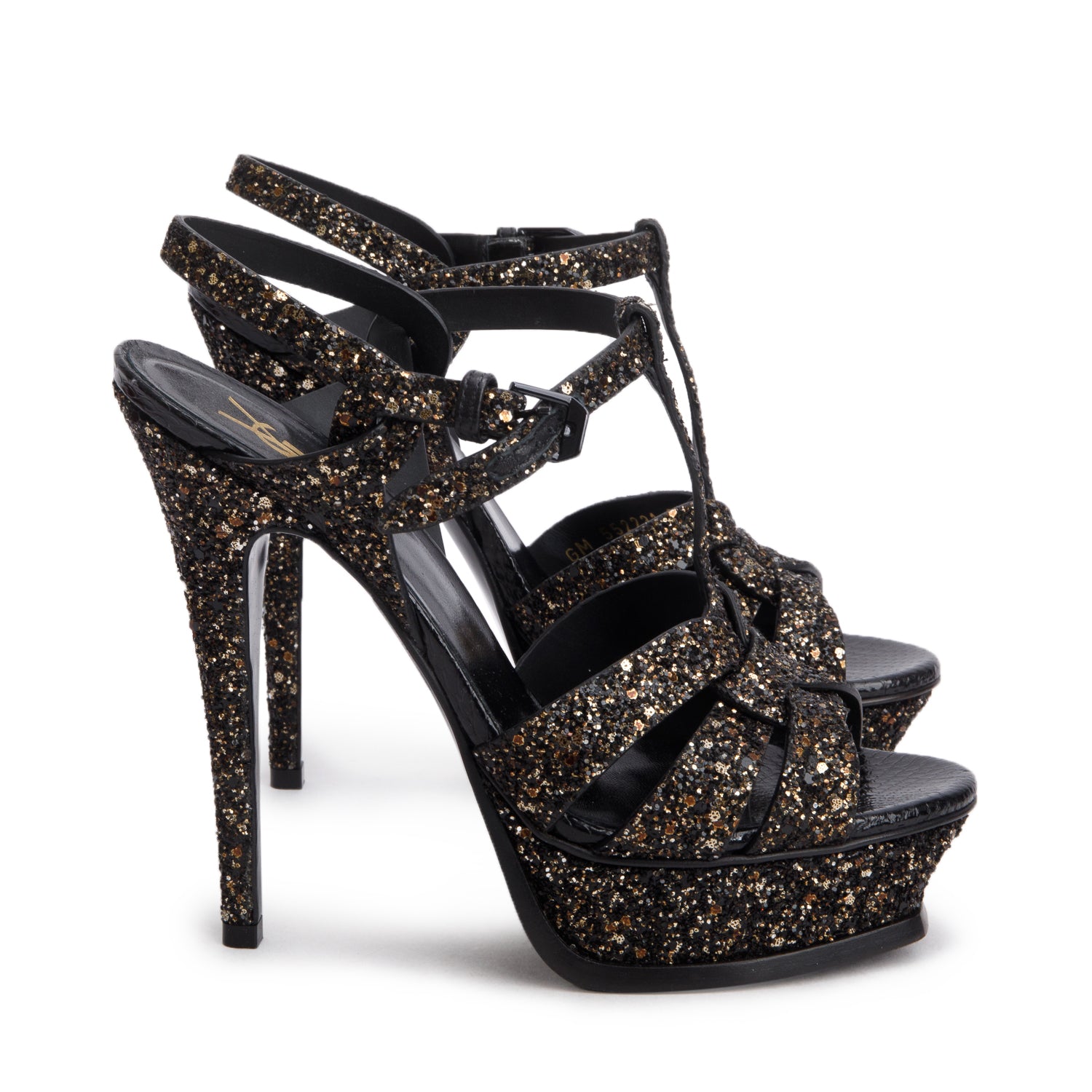 Saint Laurent Black Sequin Tribute Platform Sandals, Size 37 w/ Box