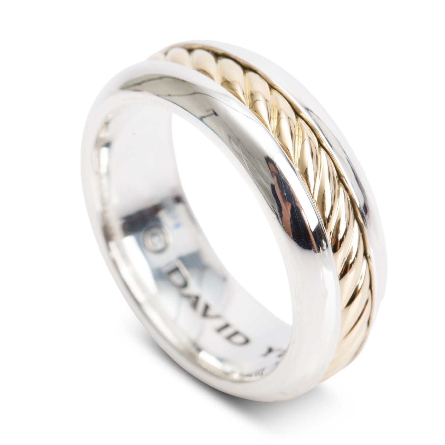David Yurman Sterling Silver & 18k Yellow Gold Cable Insert 8 MM Band Ring, Size 9.5