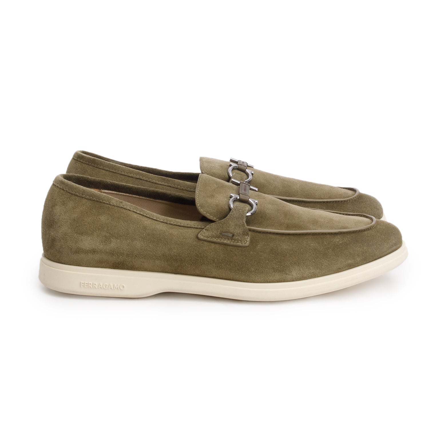 Ferragamo Green Suede Casual Loafer with Gancini Ornament, Men's Size 12