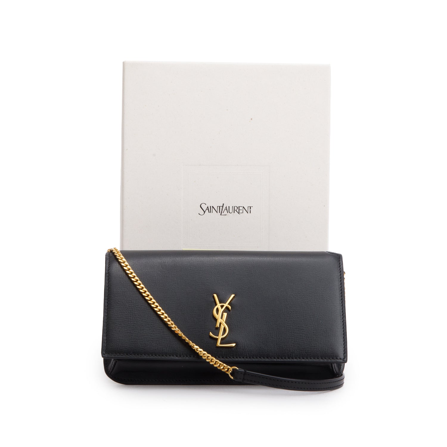 Saint Laurent 2024 Black Smooth Leather Cassandre Phone Holder w/ Box