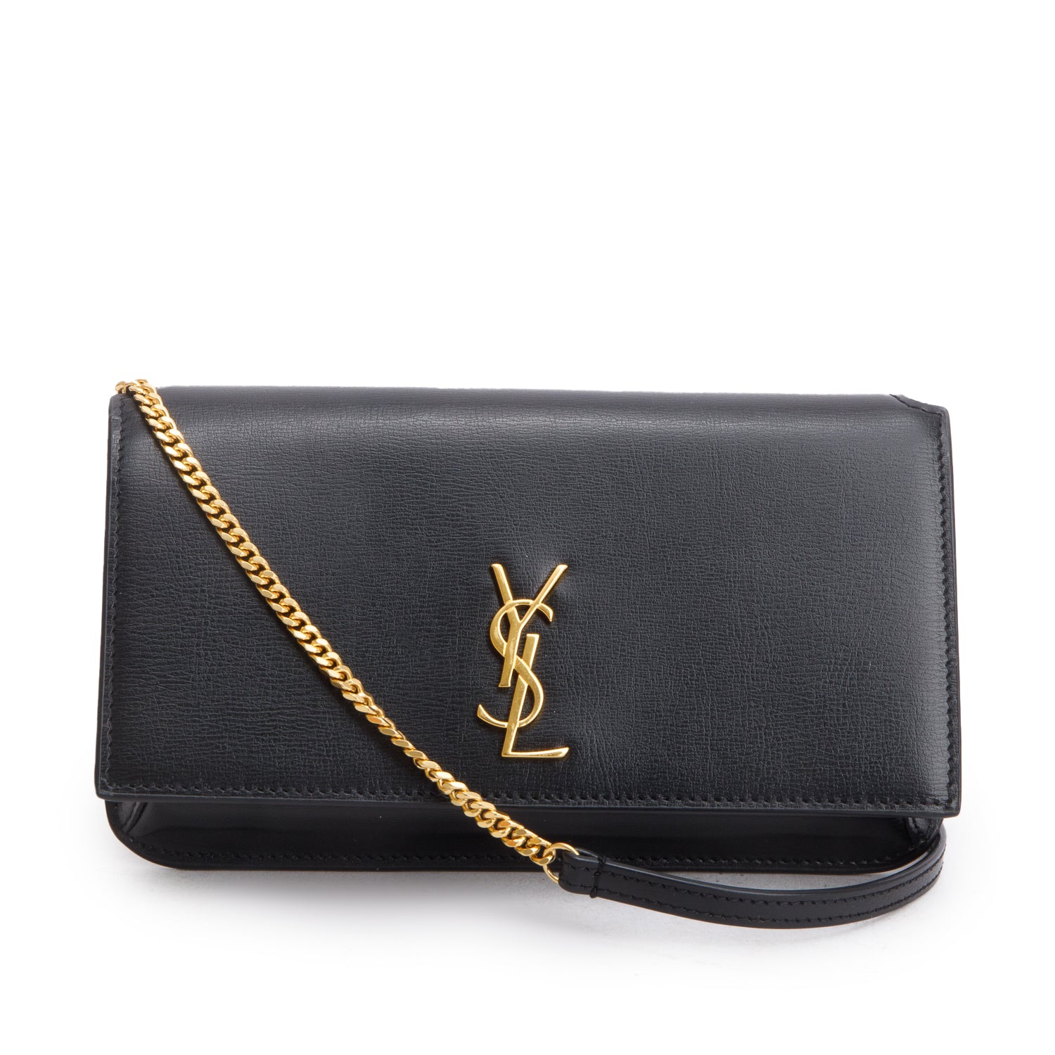 Saint Laurent 2024 Black Smooth Leather Cassandre Phone Holder w/ Box