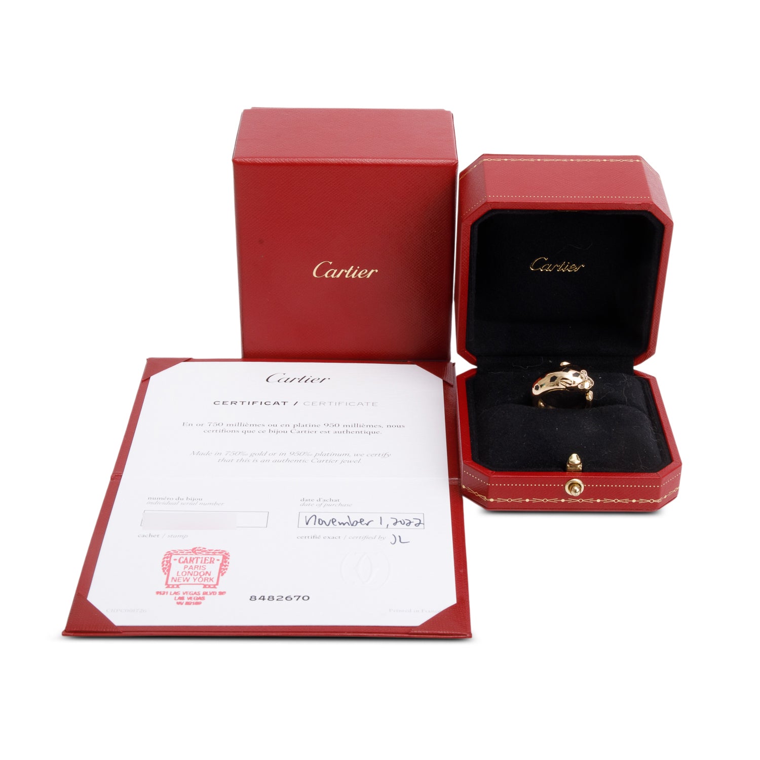 Cartier 2022 18k Yellow Gold Onyx & Tsavorite Panthere de Cartier Ring, Medium Model, Size 51 5.5 w/ Box Receipt & Certificate