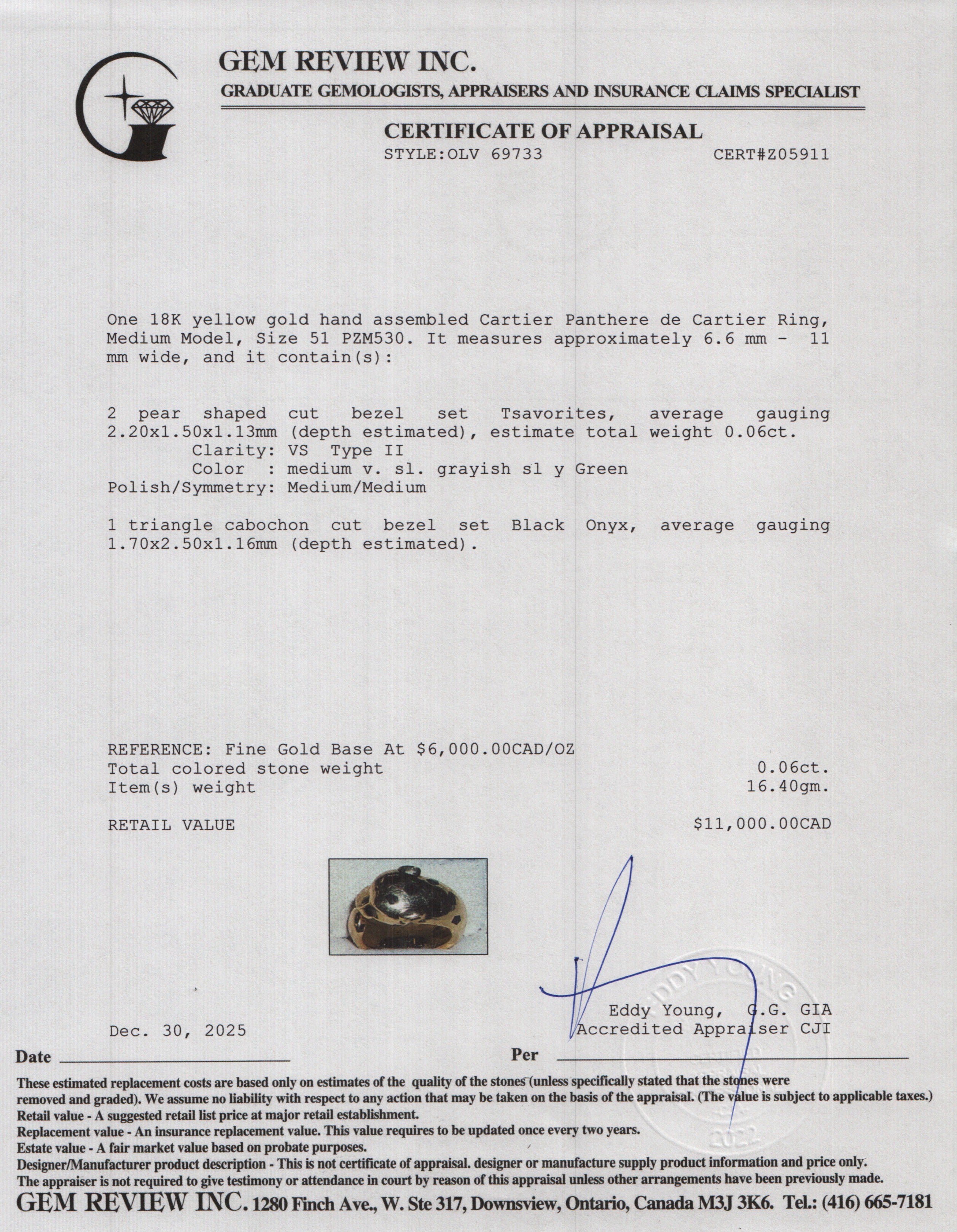 Cartier 2022 18k Yellow Gold Onyx & Tsavorite Panthere de Cartier Ring, Medium Model, Size 51 5.5 w/ Box Receipt & Certificate