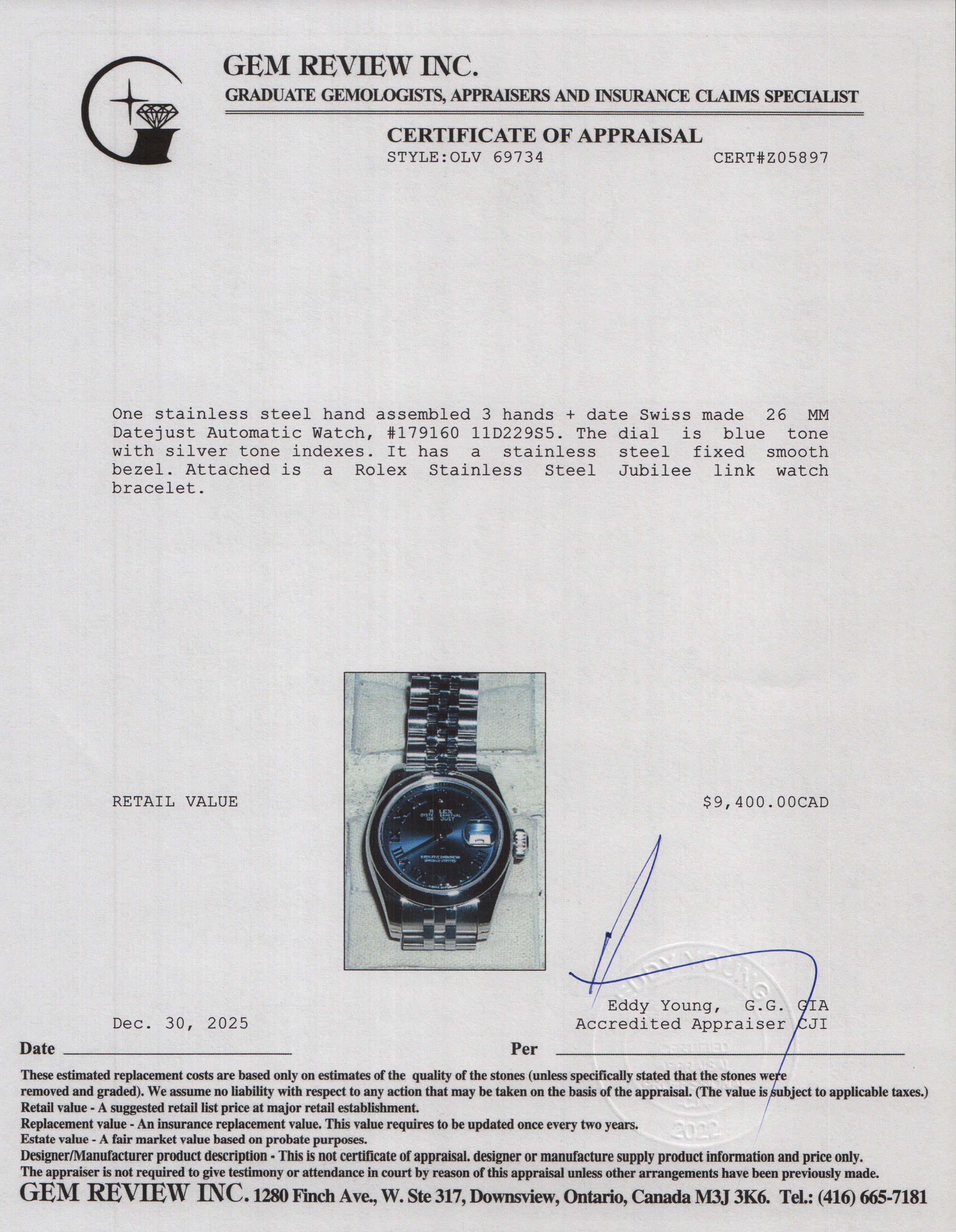 Rolex Stainless Steel 26 MM Lady-Datejust Automatic Watch Blue Dial 179160 w/ Box & Papers