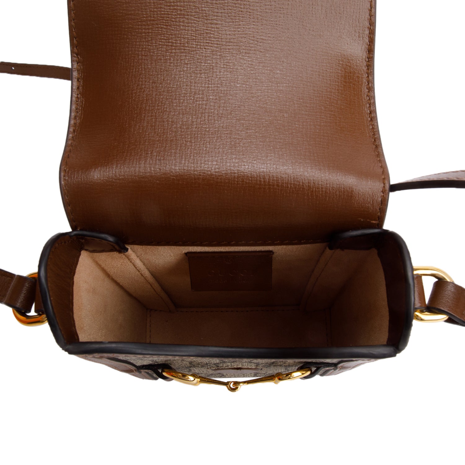 Gucci GG Supreme Brown Leather Trim Mini Horsebit 1955 Crossbody Bag w/ Box