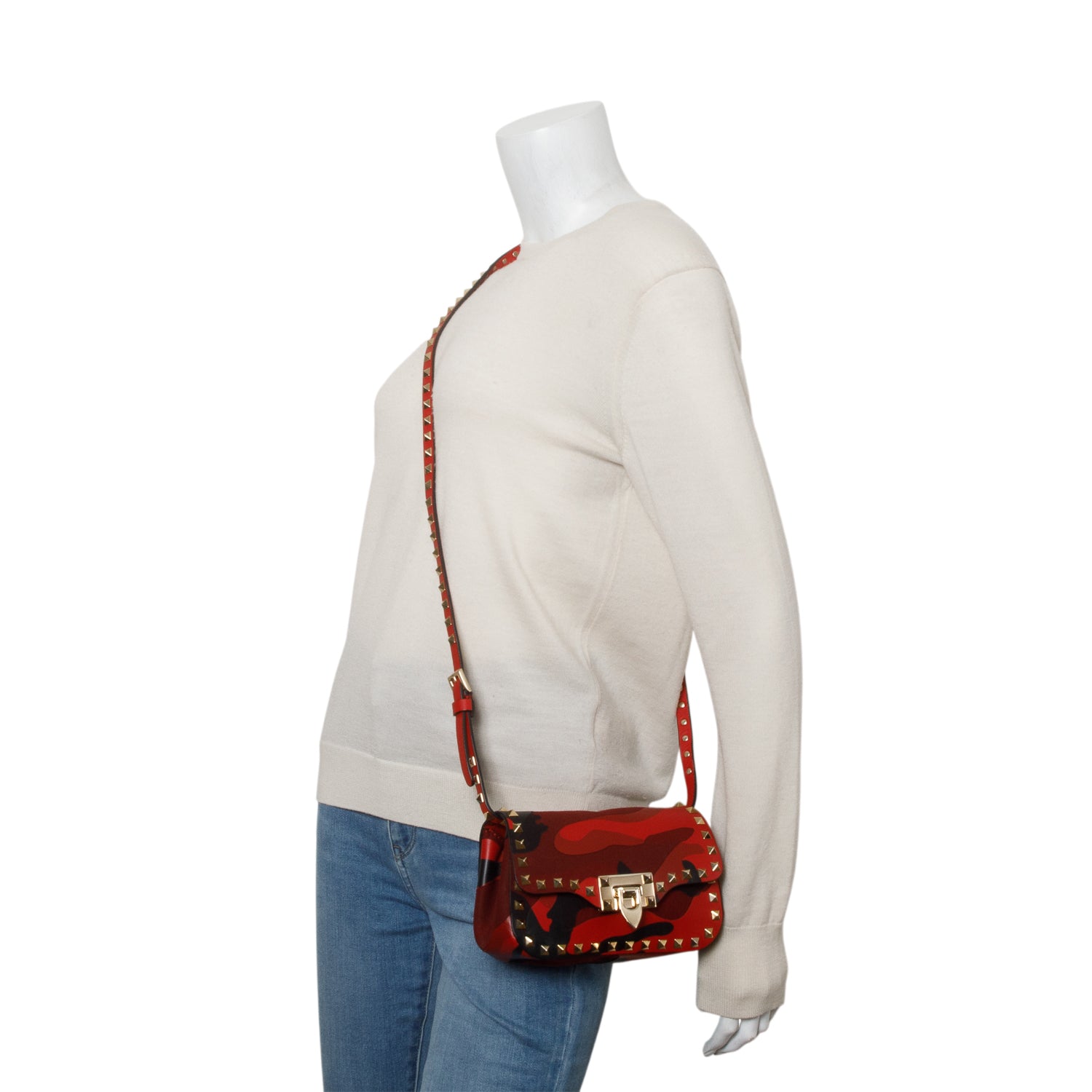 Valentino Red Nappa Canvas Camouflage Rockstud Flap Saddle Crossbody