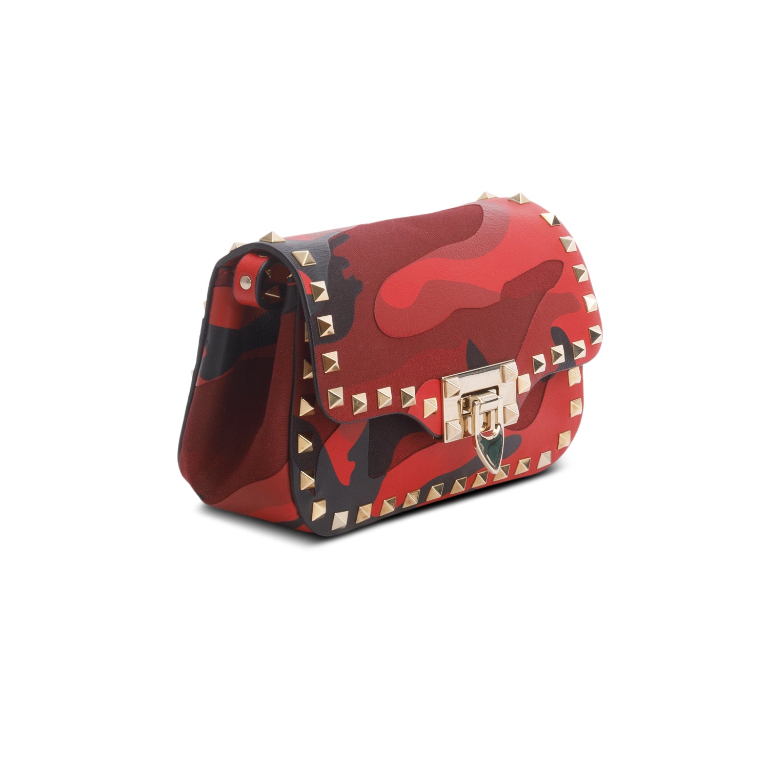 Valentino Red Nappa Canvas Camouflage Rockstud Flap Saddle Crossbody