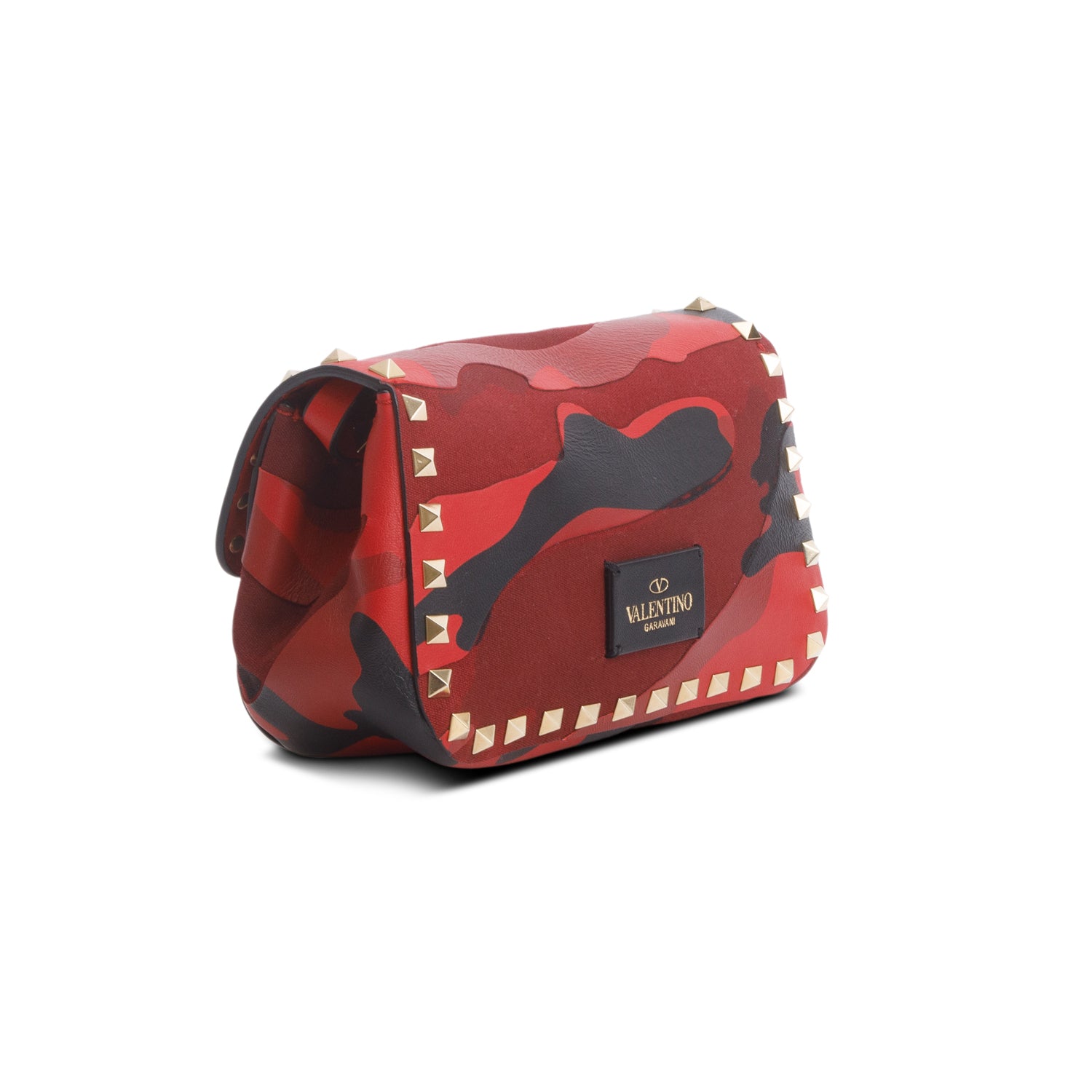 Valentino Red Nappa Canvas Camouflage Rockstud Flap Saddle Crossbody