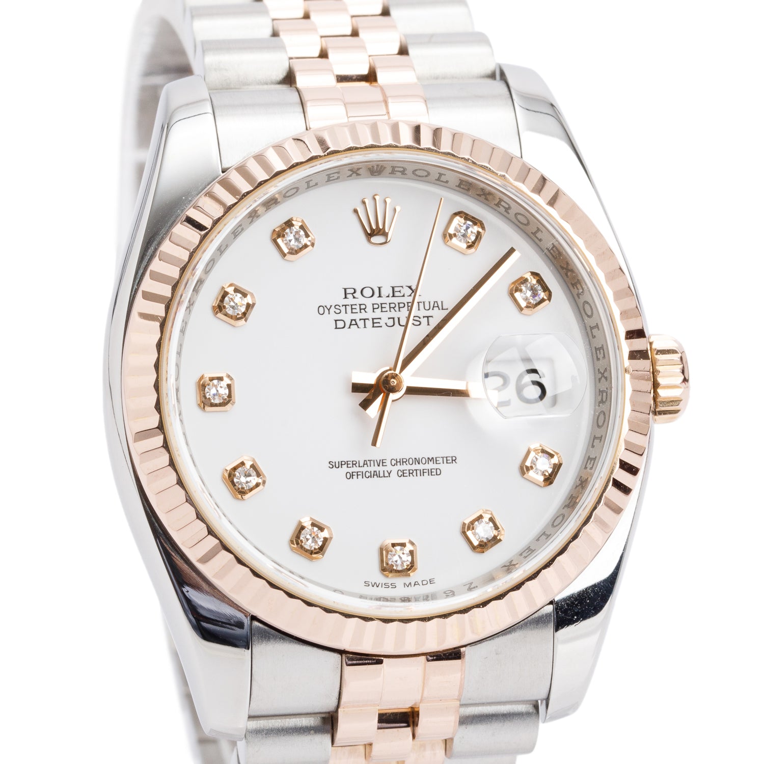 Rolex Stainless Steel & 18k Everose Gold Datejust 36 MM Automatic Watch White Diamond Dial 116231