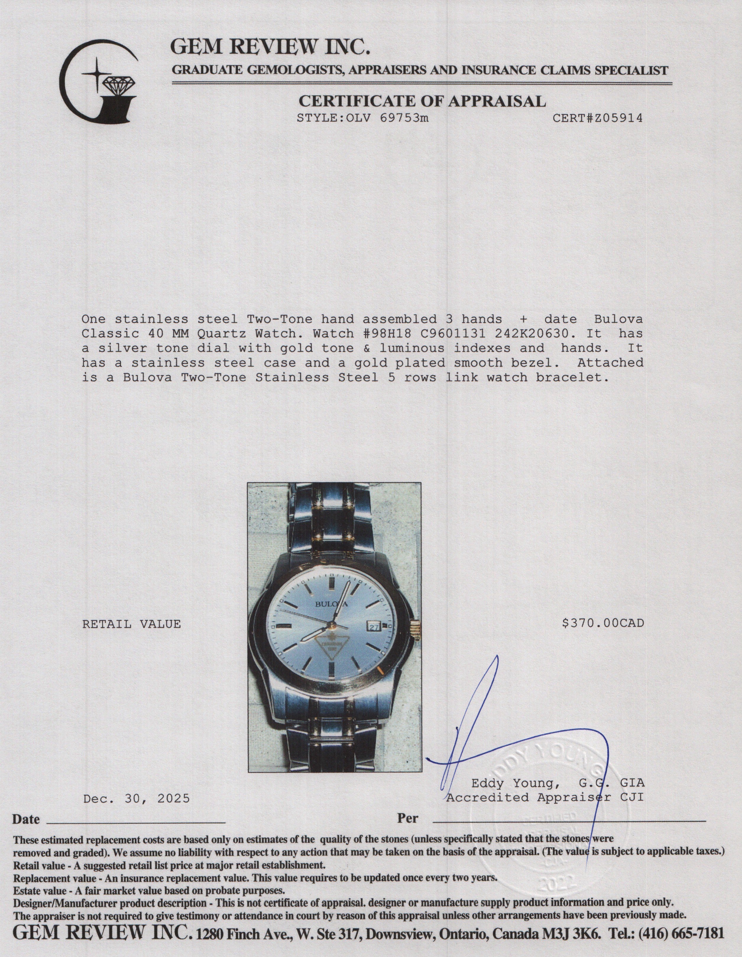 Bulova Two-Tone Stainless Steel Classic 40 MM Quartz Watch 98H18 White Dial w/ Box