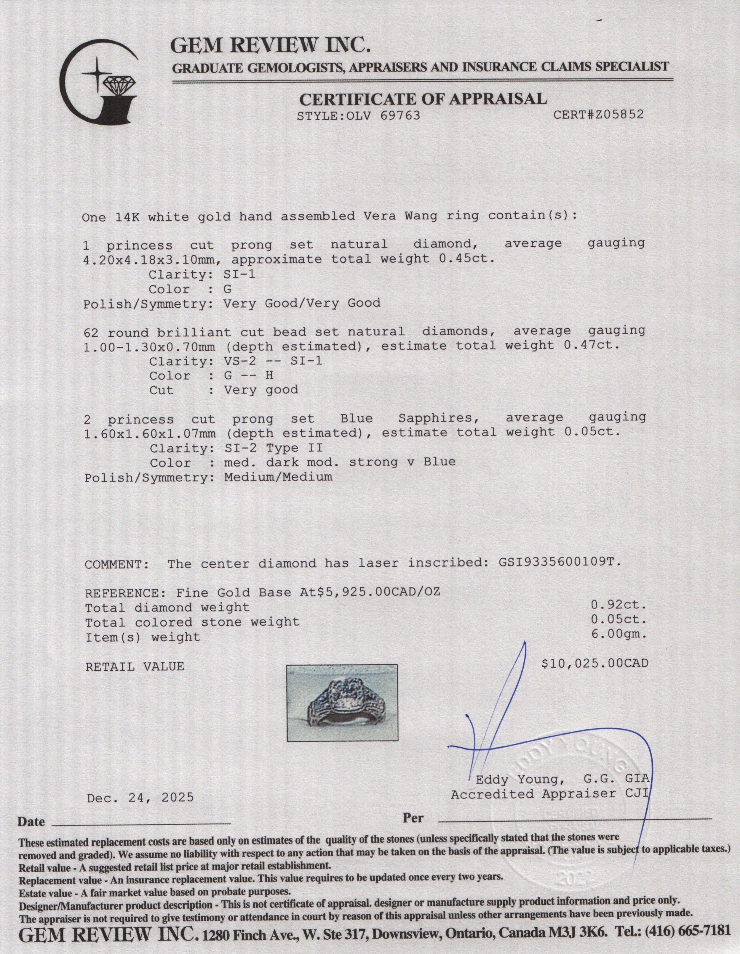 Vera Wang 14k White Gold Love Princess Cut Diamond Engagement Ring, Size 4.75 w/ Box