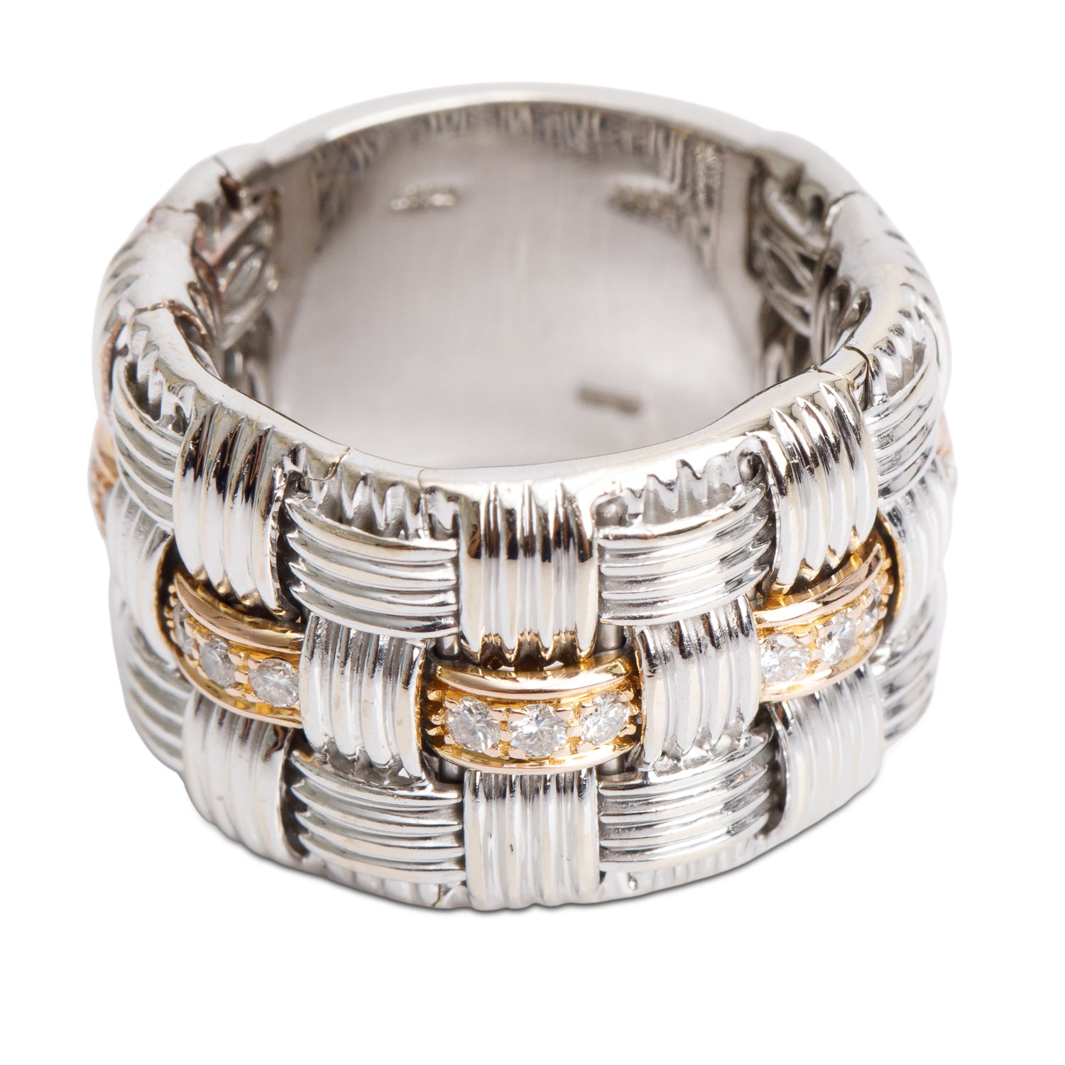 Birks 18k White and Rose Gold Diamond Weave Wide Band Ring, Size 6.5 w/ Box