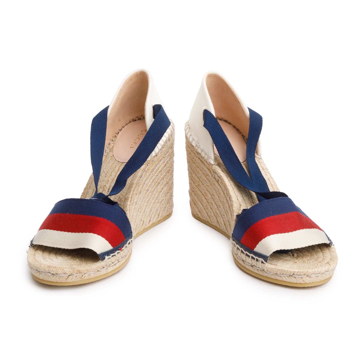 Gucci Canvas Malaga Kid Web Ankle Wrap Espadrille Wedge Sandals, Size 37.5 w/ Box
