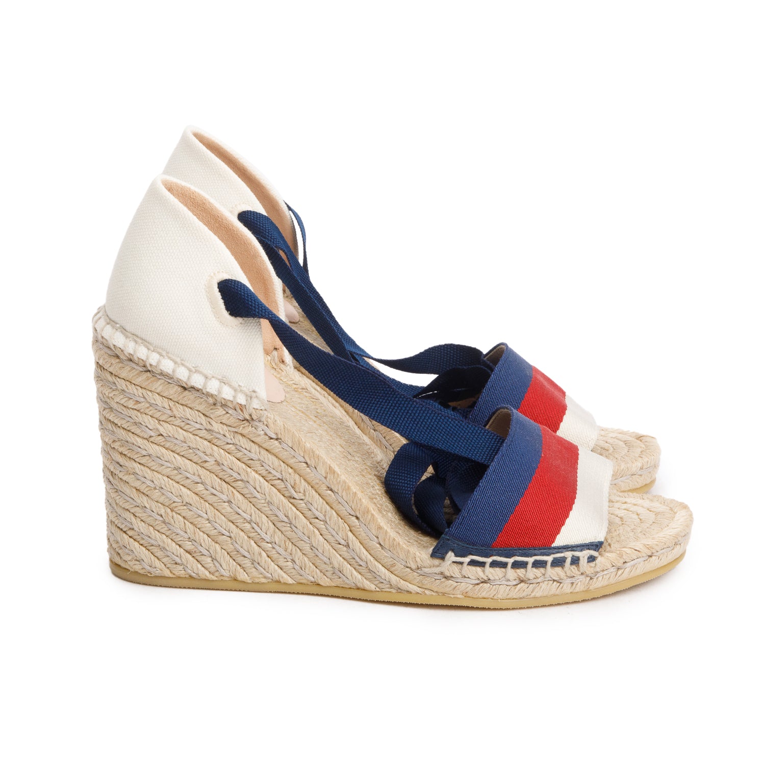 Gucci Canvas Malaga Kid Web Ankle Wrap Espadrille Wedge Sandals, Size 37.5 w/ Box