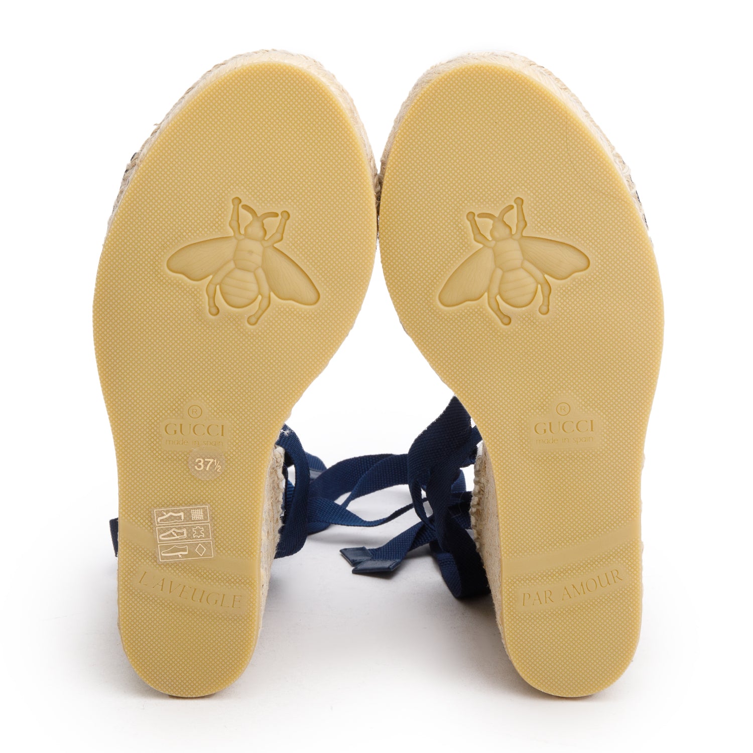 Gucci Canvas Malaga Kid Web Ankle Wrap Espadrille Wedge Sandals, Size 37.5 w/ Box