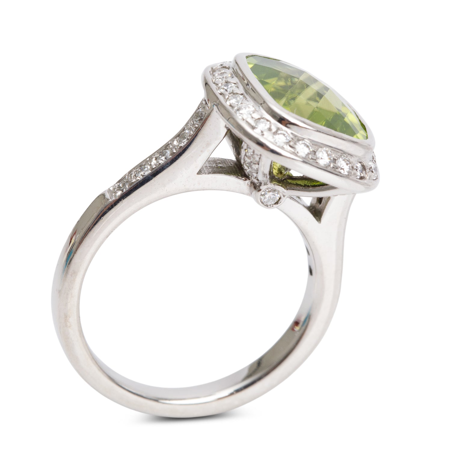 Birks 18k White Gold Peridot & Diamond Ring, Size 5.5 w/ Box