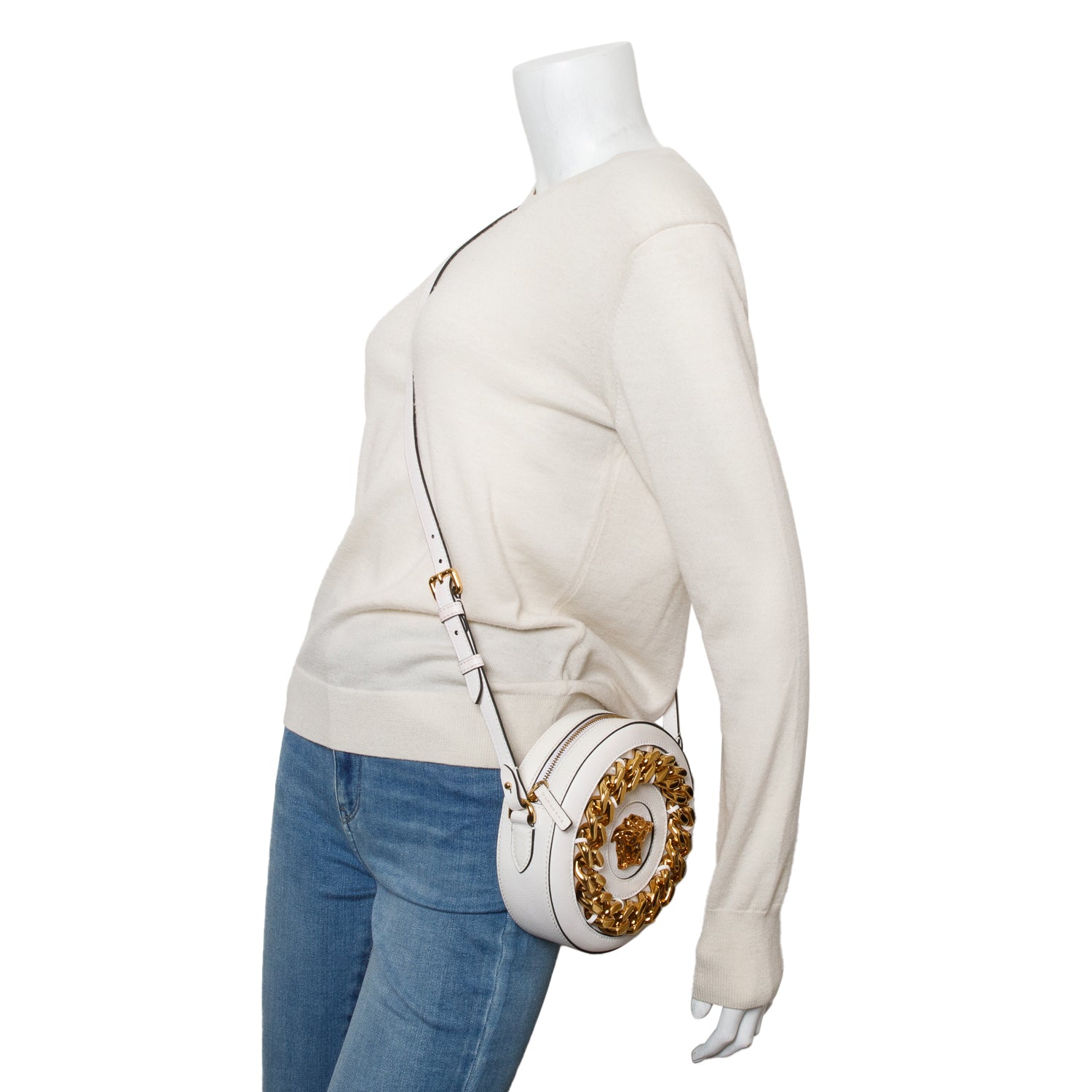 Versace White Calfskin La Medusa Round Camera Bag w/ Box