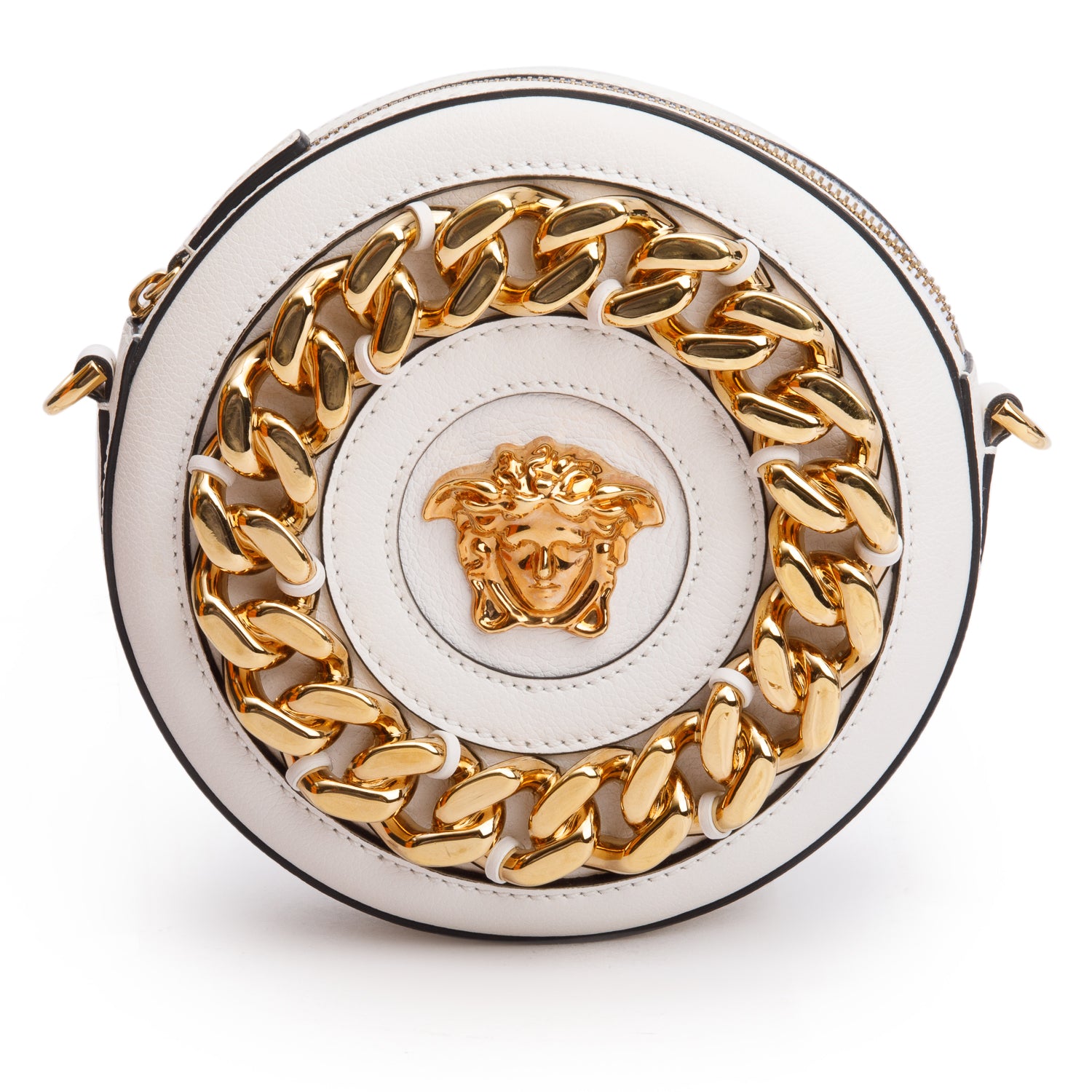 Versace White Calfskin La Medusa Round Camera Bag w/ Box