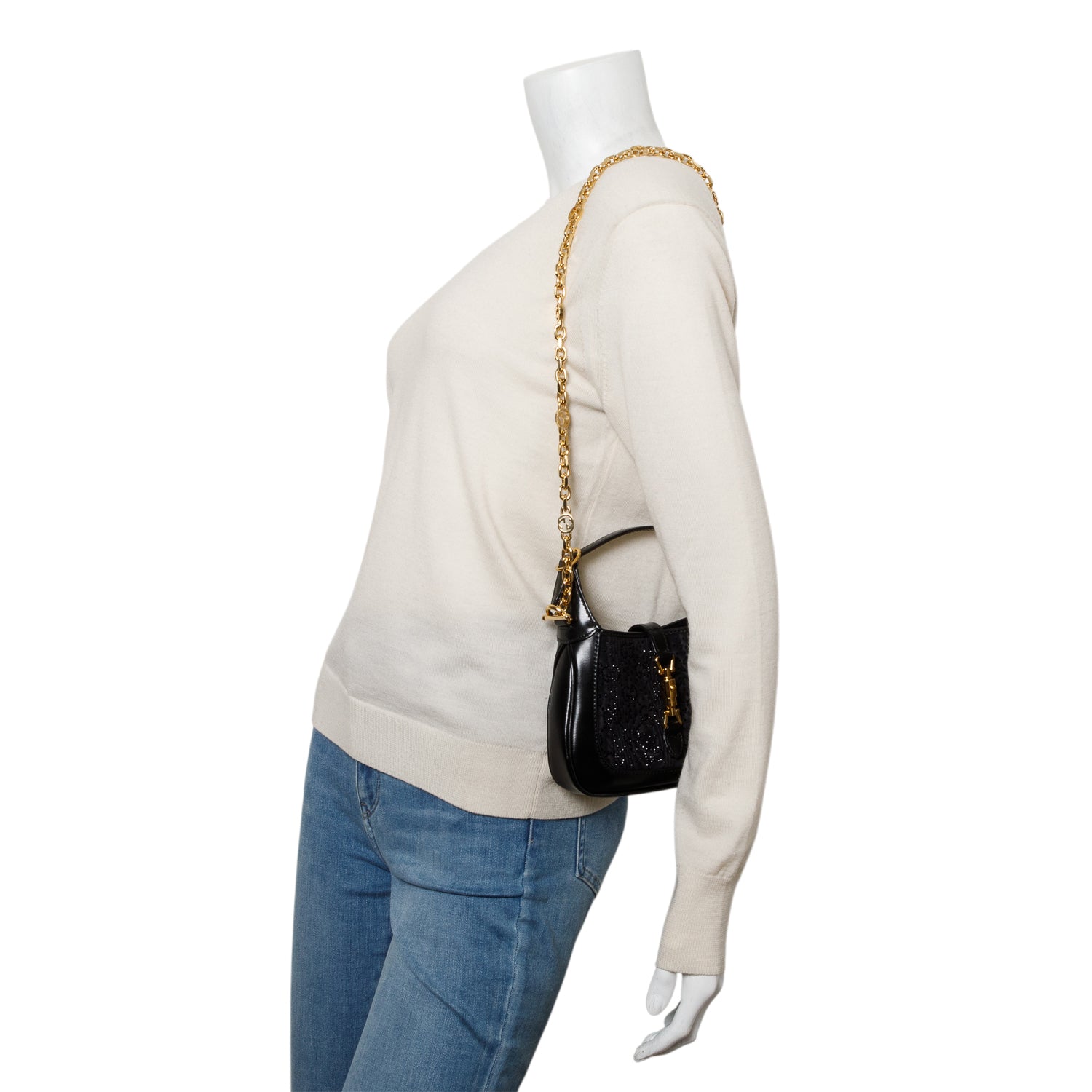 Gucci Black New Canvas Charisma Calfskin Crystal GG Monogram Mini Jackie 1961 w/ Box & Strap