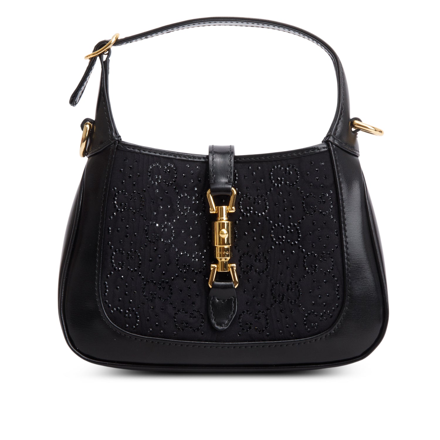 Gucci Black New Canvas Charisma Calfskin Crystal GG Monogram Mini Jackie 1961 w/ Box & Strap